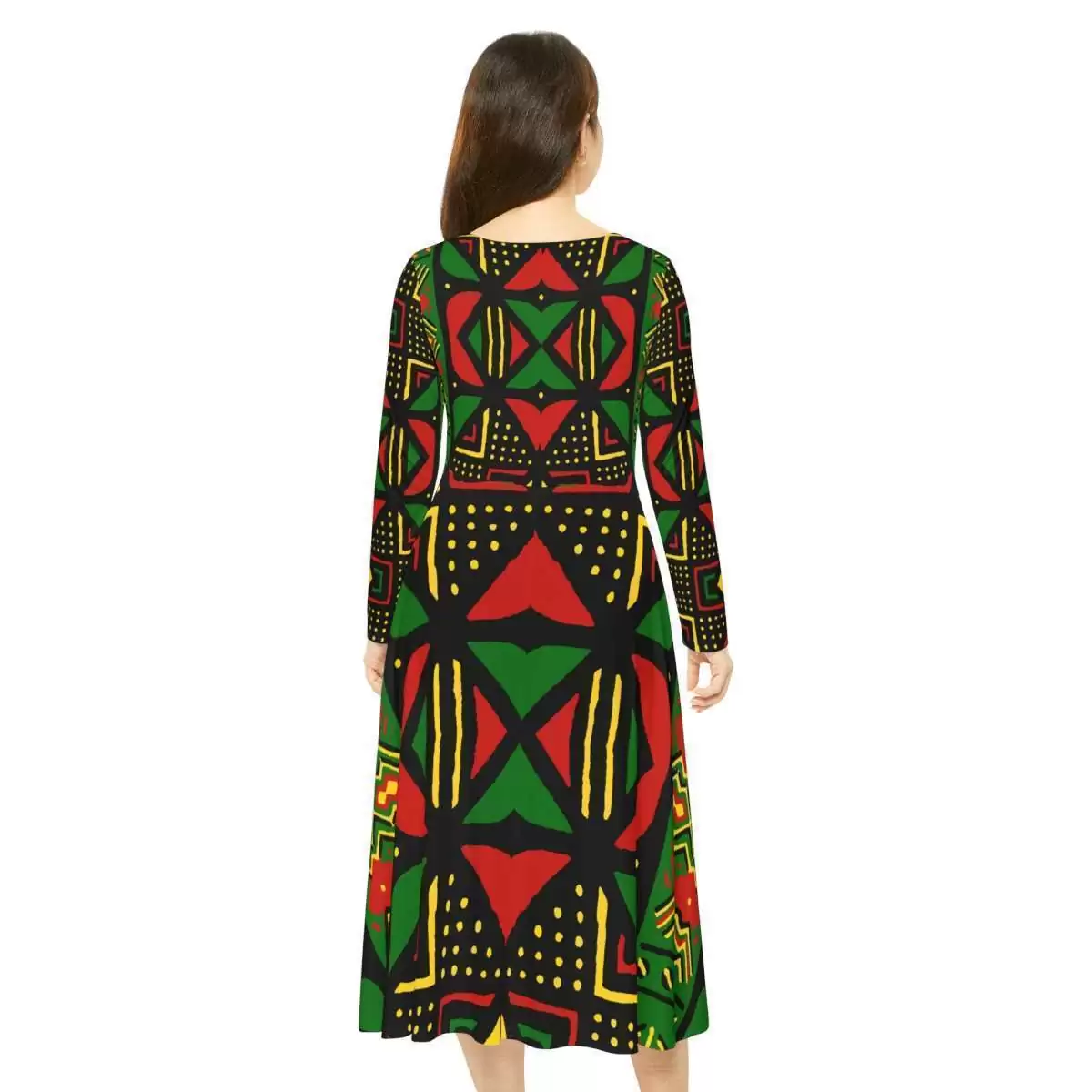 Rasta Mud cloth Dance Dress inspired by Africa back model t view. Long sleeve silky soft and breathable it is comfortable to wear. Small to large sizes.