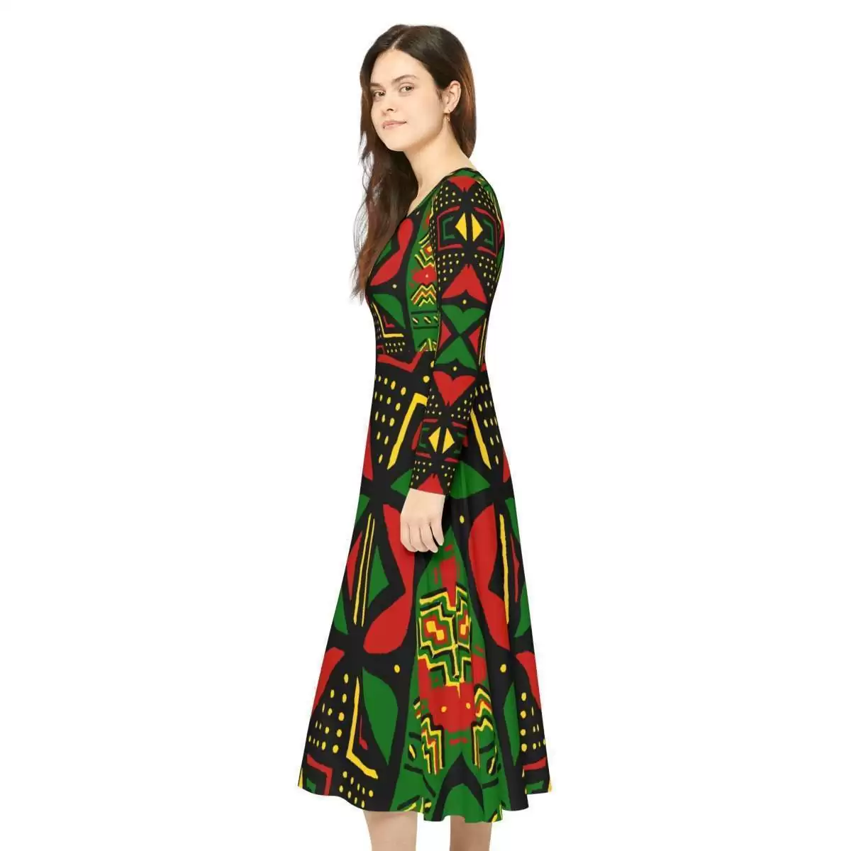 Rasta Mud cloth Dance Dress inspired by Africa left side model view. Long sleeve silky soft and breathable it is comfortable to wear. Small to large sizes.
