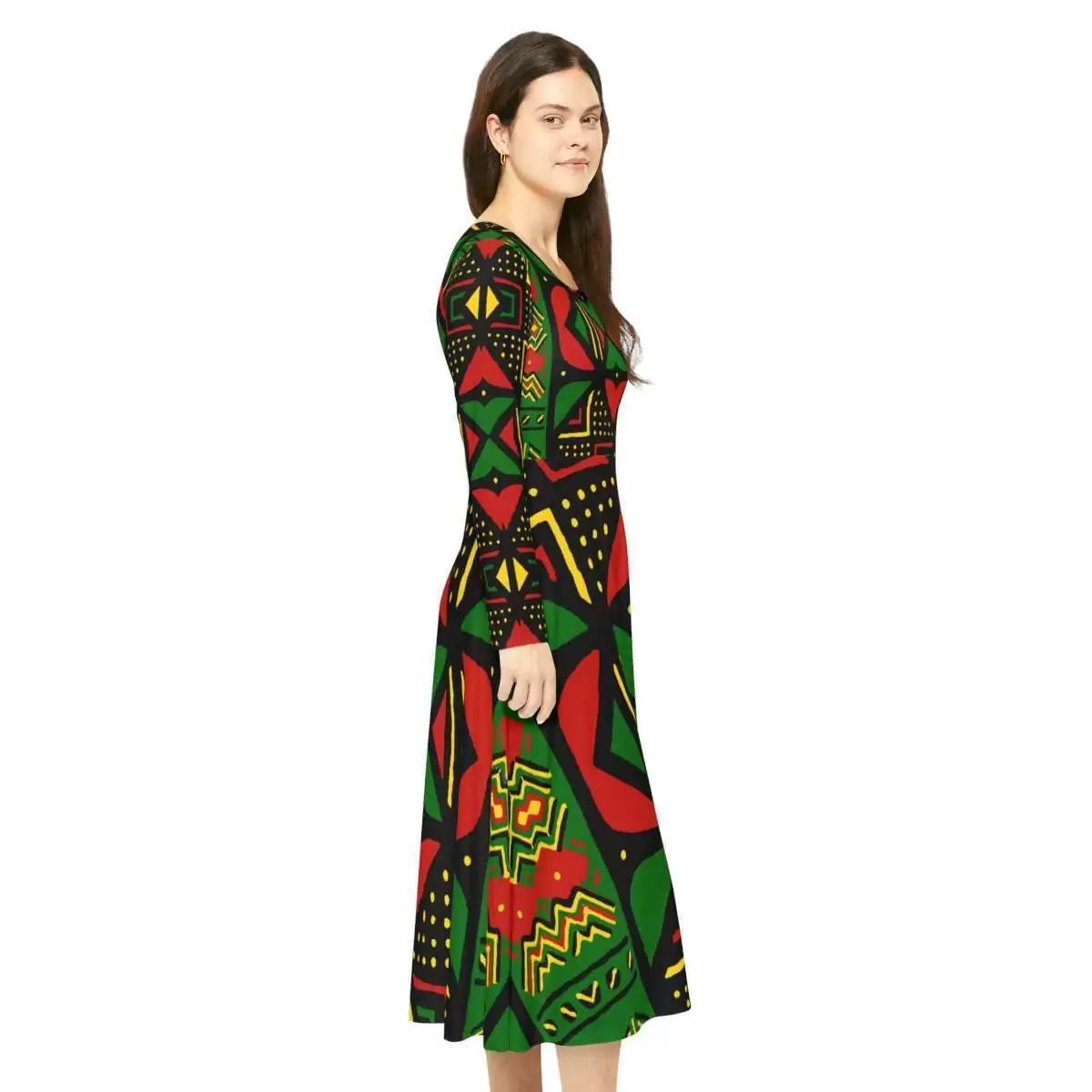 Rasta Mud cloth Dance Dress inspired by Africa right side model view. Long sleeve silky soft and breathable it is comfortable to wear. Small to large sizes.