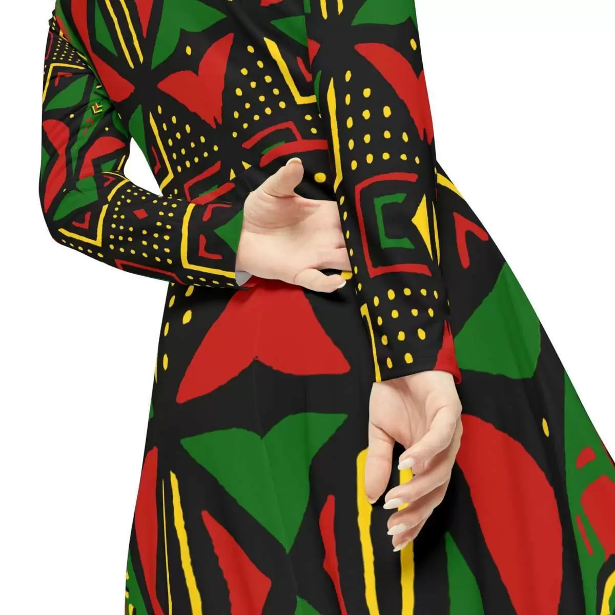Rasta Mud cloth Dance Dress inspired by Africa close up view. Long sleeve silky soft and breathable it is comfortable to wear. Small to large sizes.