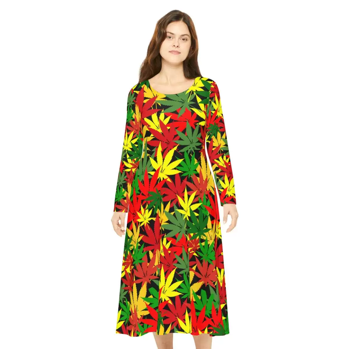 Rasta Hemp Long Sleeve Dance Dress model front viewwith hemp leaf graphic in Rastafarian colors. Vibrant fashion at Rastaseed.com Jamaican Rasta gear.