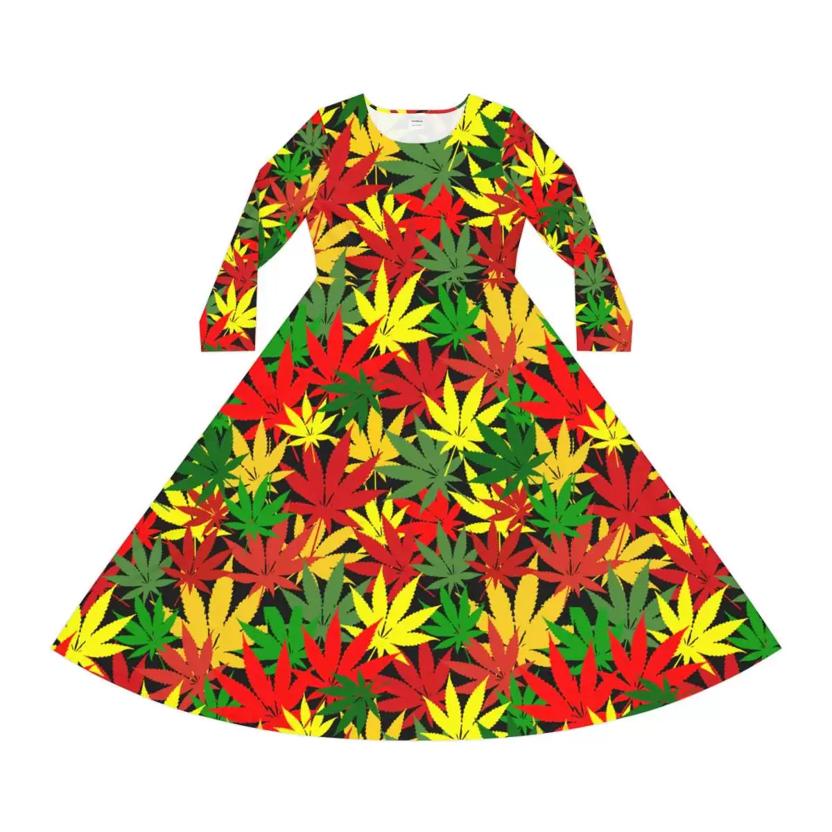 Rasta Hemp Long Sleeve Dance Dress front view with hemp leaf graphic in Rastafarian colors. Vibrant fashion at Rastaseed.com Jamaican Rasta gear.