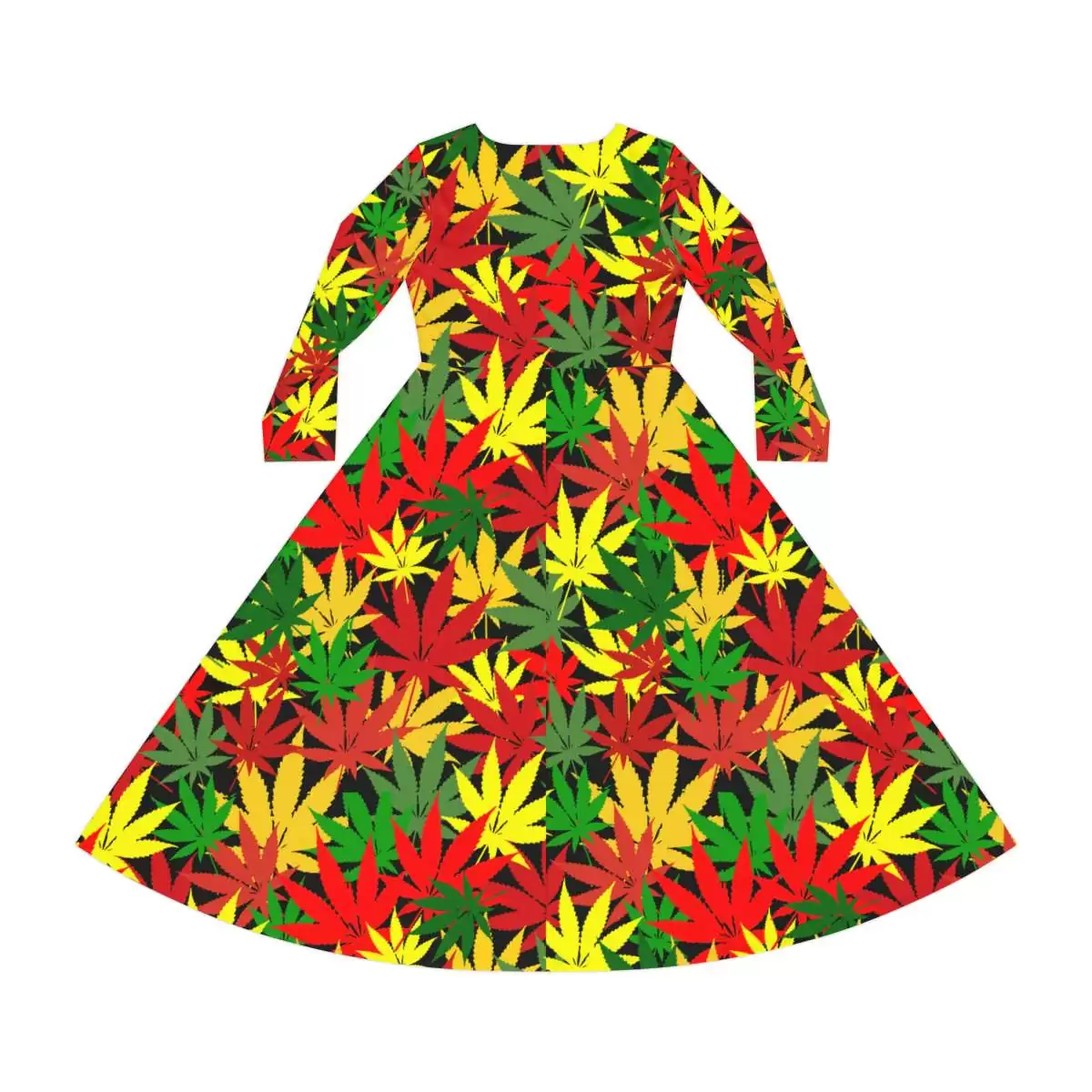 Rasta Hemp Long Sleeve Dance Dress back view with hemp leaf graphic in Rastafarian colors. Vibrant fashion at Rastaseed.com Jamaican Rasta gear.