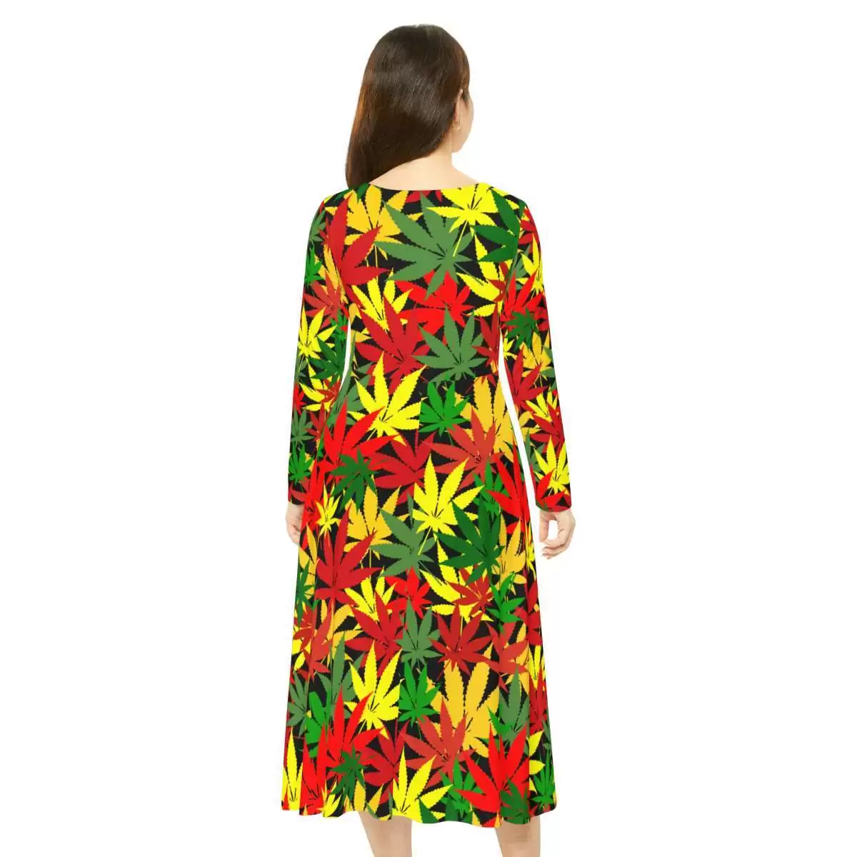 Rasta Hemp Long Sleeve Dance Dress model back view with hemp leaf graphic in Rastafarian colors. Vibrant fashion at Rastaseed.com Jamaican Rasta gear.