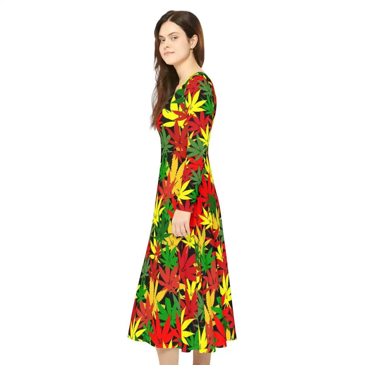 Rasta Hemp Long Sleeve Dance Dress model side left view with hemp leaf graphic in Rastafarian colors. Vibrant fashion at Rastaseed.com Jamaican Rasta gear.