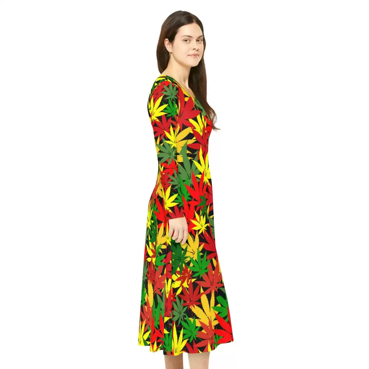 Rasta Hemp Long Sleeve Dance Dress model side right view with hemp leaf graphic in Rastafarian colors. Vibrant fashion at Rastaseed.com Jamaican Rasta gear.