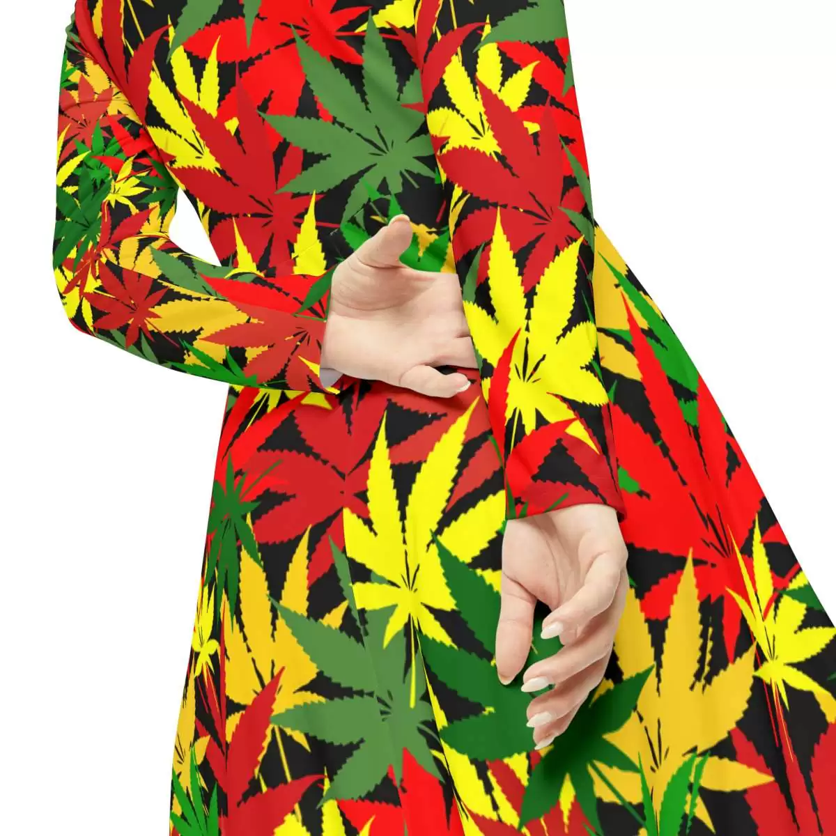 Rasta Hemp Long Sleeve Dance Dress model close up view with hemp leaf graphic in Rastafarian colors. Vibrant fashion at Rastaseed.com Jamaican Rasta gear.