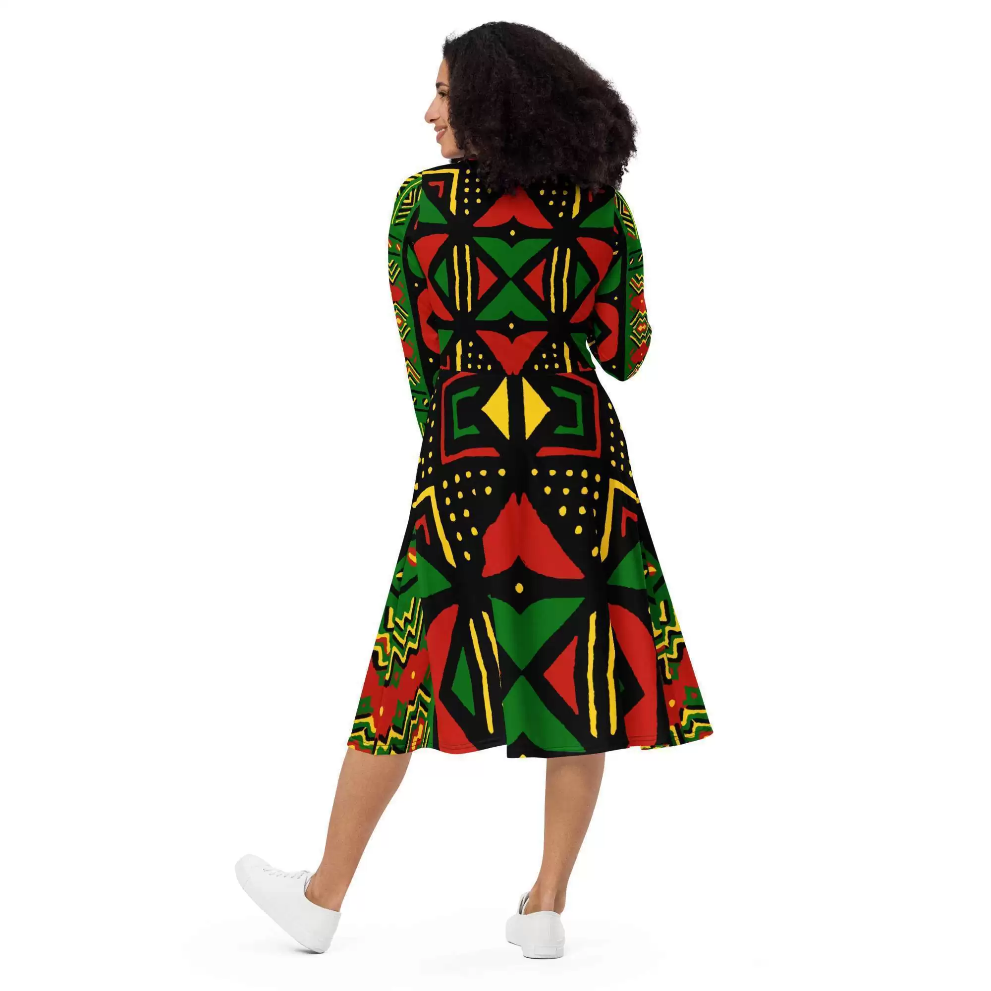 Rasta Africa long sleeve midi dress model back view in vivid Reggae colors. Bright up your next party in this gorgeous dress. All sizes. Rasta gear merchandise and shoes.