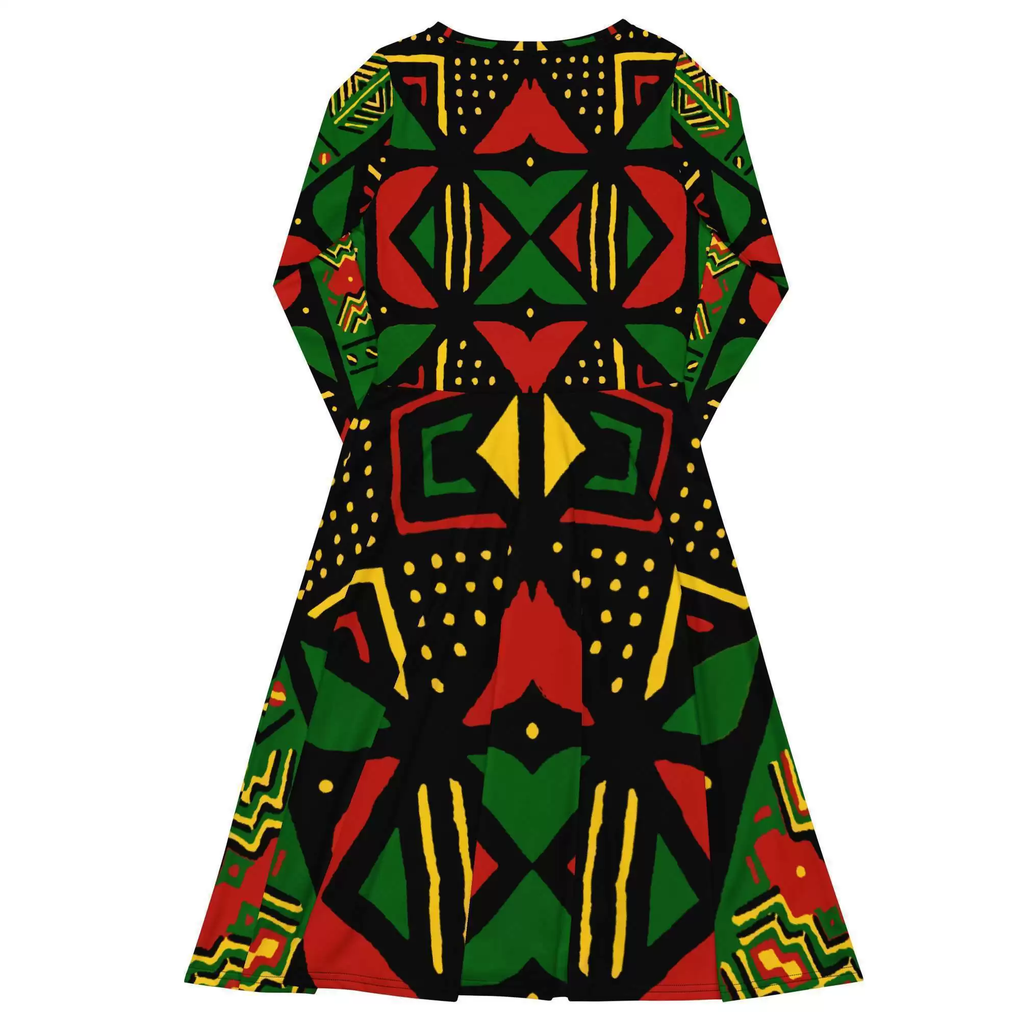 Rasta Africa long sleeve midi dress back view in vivid Reggae colors. Bright up your next party in this gorgeous dress. All sizes. Rasta gear merchandise and shoes.