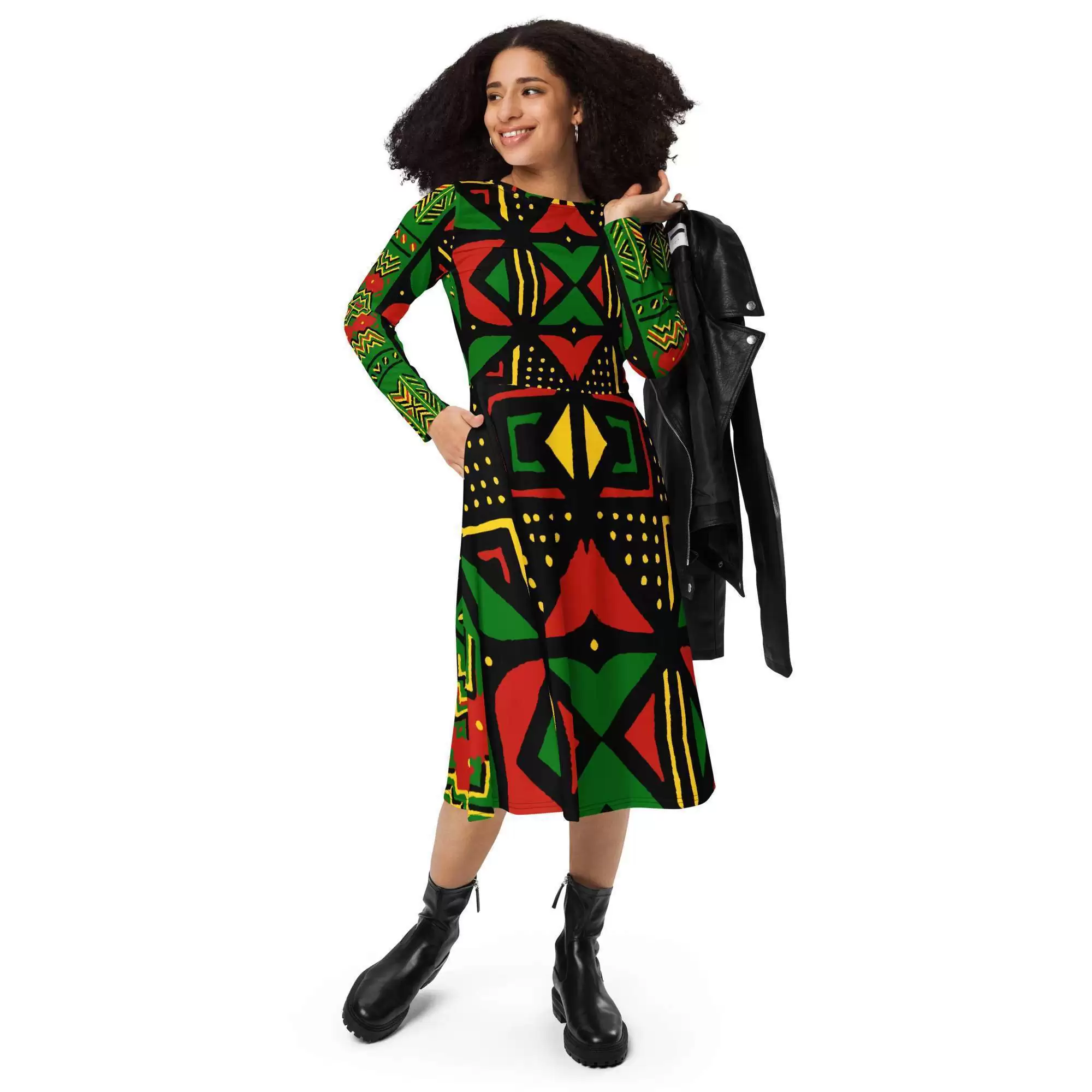 Rasta Africa long sleeve midi dress model front view in vivid Reggae colors. Bright up your next party in this gorgeous dress. All sizes. Rasta gear merchandise and shoes.