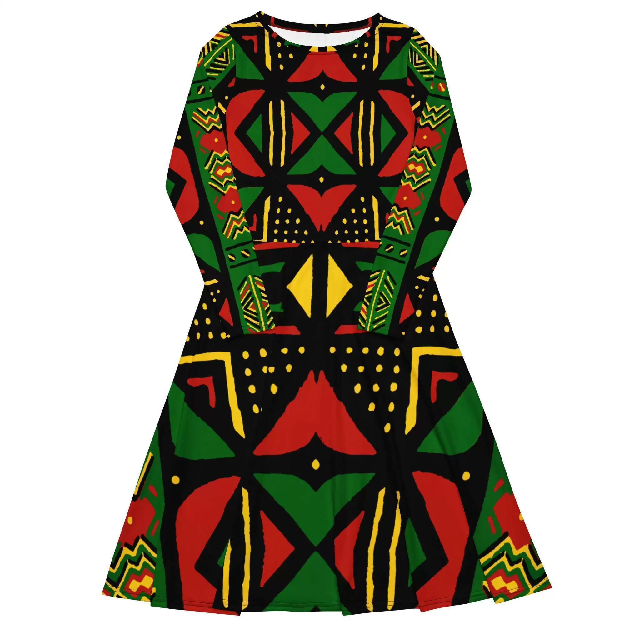 Rasta Africa long sleeve midi dress front view in vivid Reggae colors. Bright up your next party in this gorgeous dress. All sizes. Rasta gear merchandise and shoes.