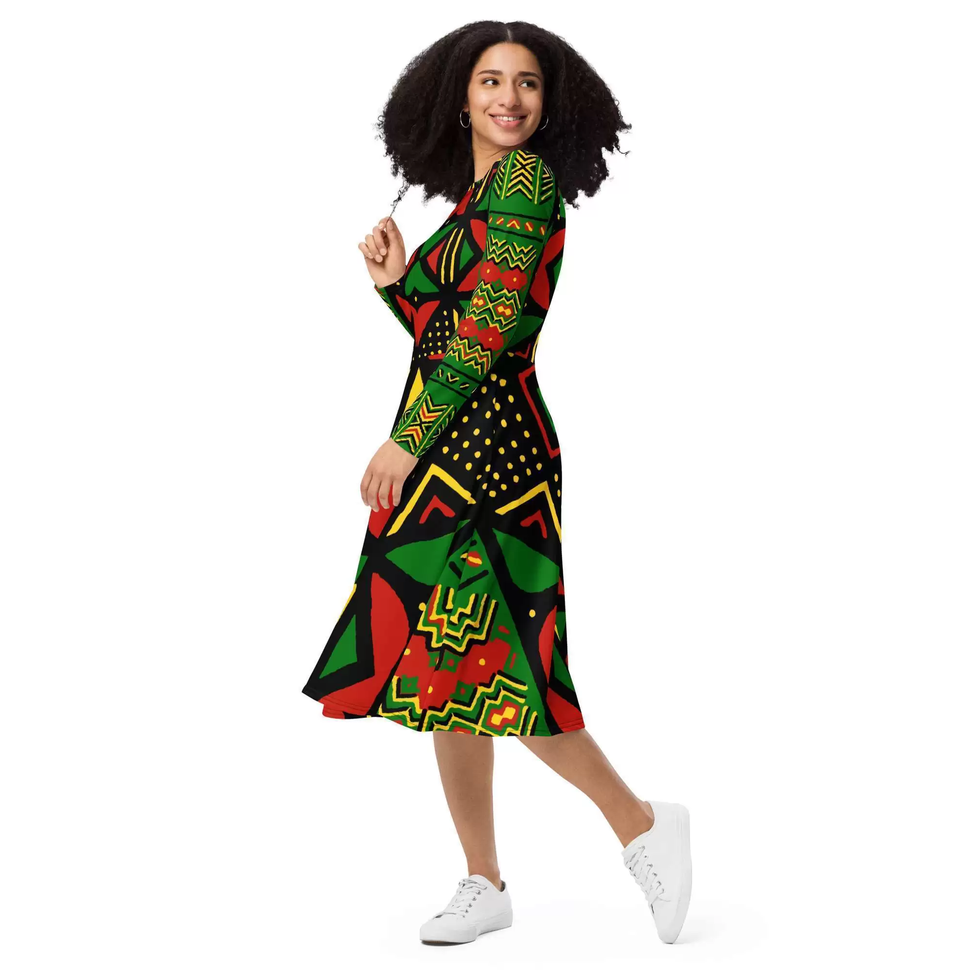 Rasta Africa long sleeve midi dress model side view in vivid Reggae colors. Bright up your next party in this gorgeous dress. All sizes. Rasta gear merchandise and shoes.