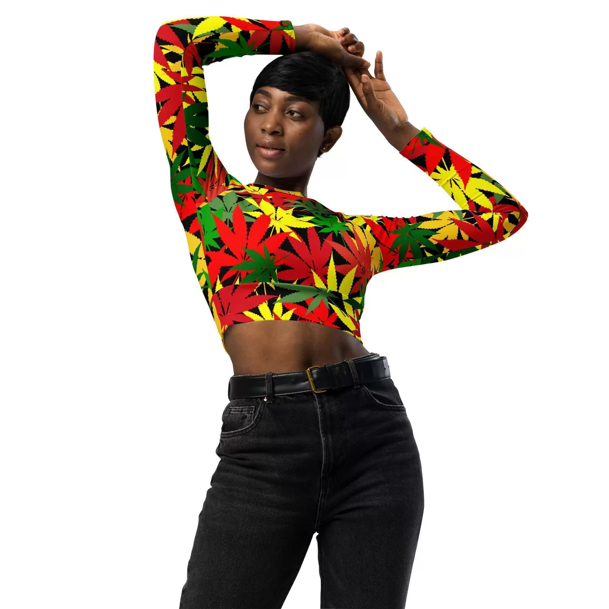 Rasta hemp crop top model front view has long sleeves and is a vibrant hemp leaf design in the Rastafarian colors with a black background and stitching.