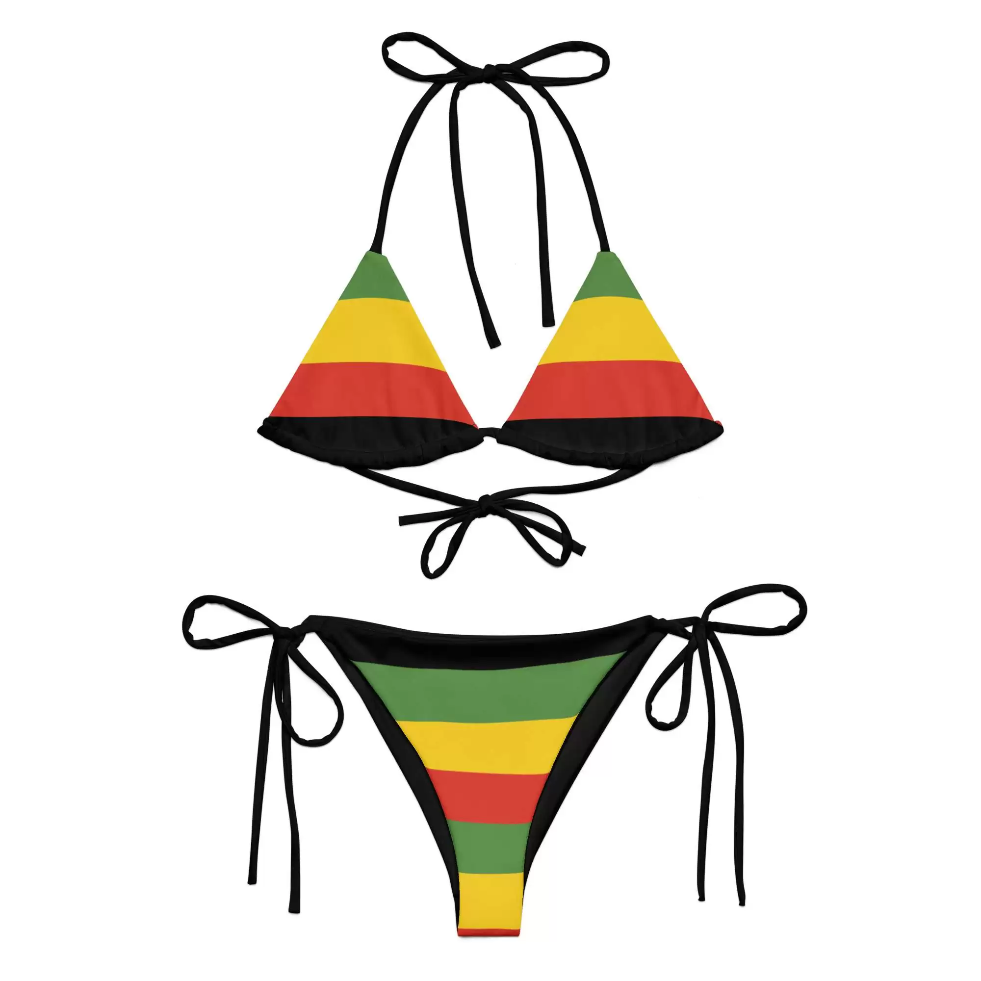 Rasta string bikini in the Rastafarian colors flat view front. Soft and stretchy material up to 6XL sizing. Black ties and lining. Multiple ways to tie and style.