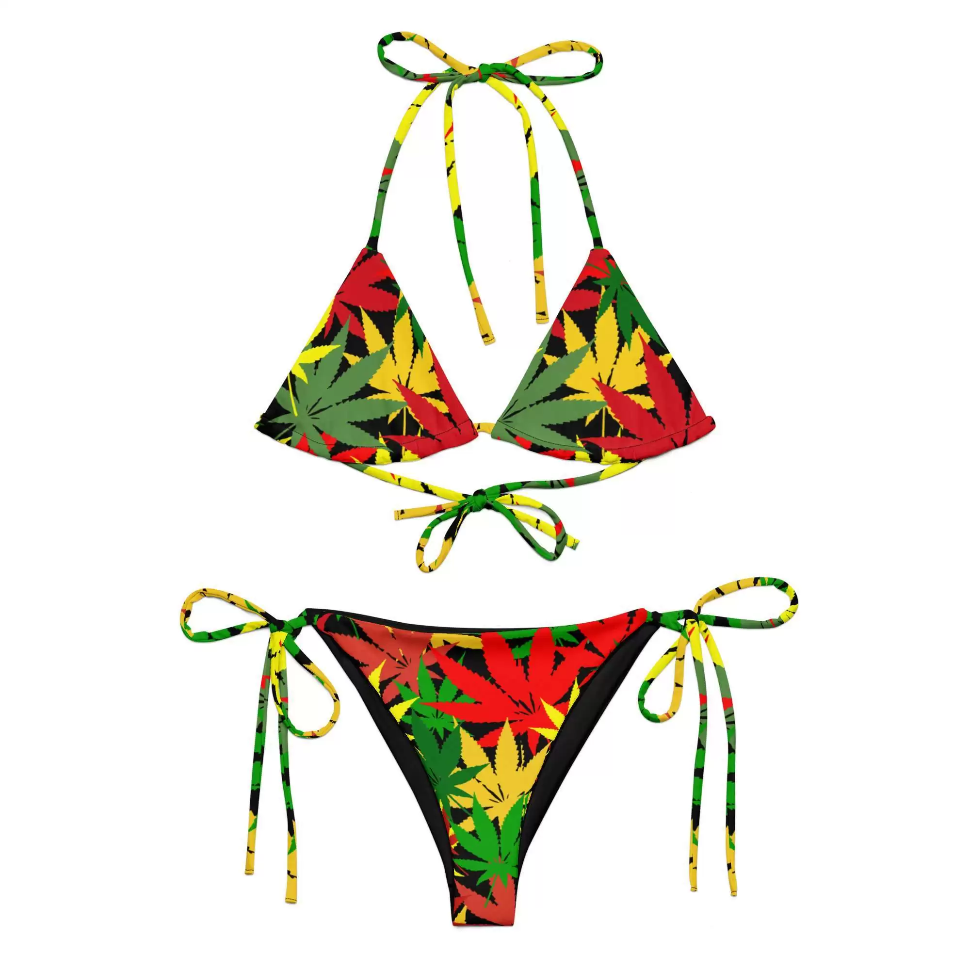 Rasta Hemp string bikini made from a hemp leaf design in the Rastafarian colors flat front view. Vivid colors on black background. Soft, stretchy up to 6XL sizing.