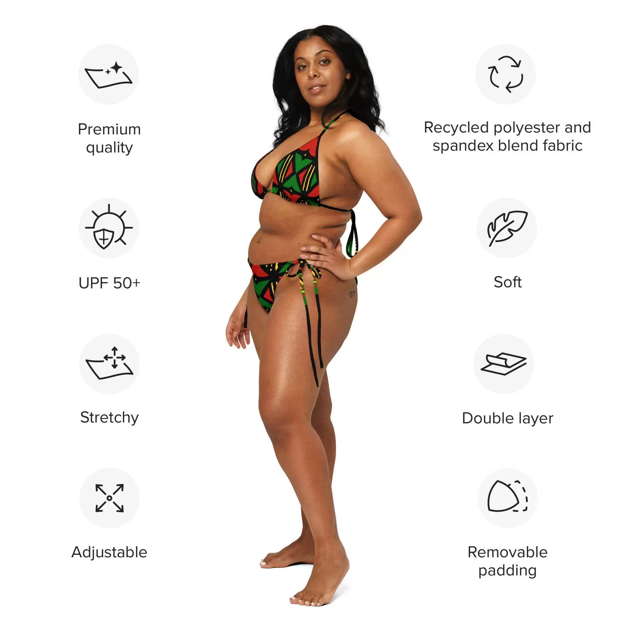 Rasta African string bikini model information view inspired by mud cloth in the Rasta and Afro American colors. Soft stretchy and comfortable in sizes up to 6XL