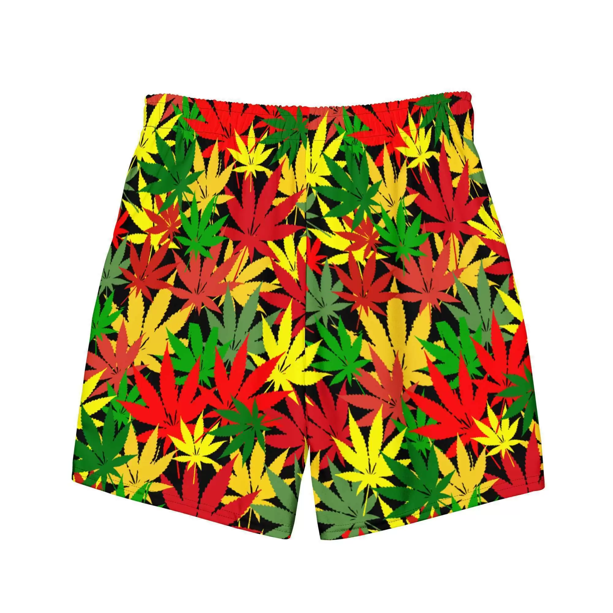 Hemp Leaf Boardshorts in Rasta colors of red gold and green with black background and stitching back view. Rastafarian shop for clothing and accessories.