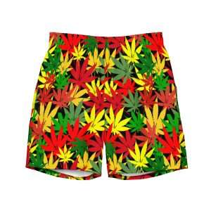 Hemp Leaf Boardshorts front view in Rasta colors of red gold and green with black background and stitching. Rastafarian shop for clothing and accessories.