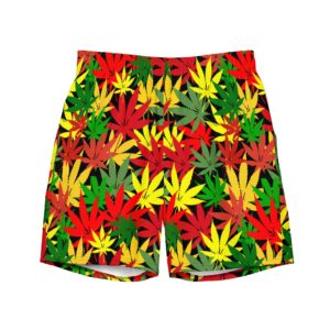 Hemp Leaf Boardshorts front view in Rasta colors of red gold and green with black background and stitching. Rastafarian shop for clothing and accessories.