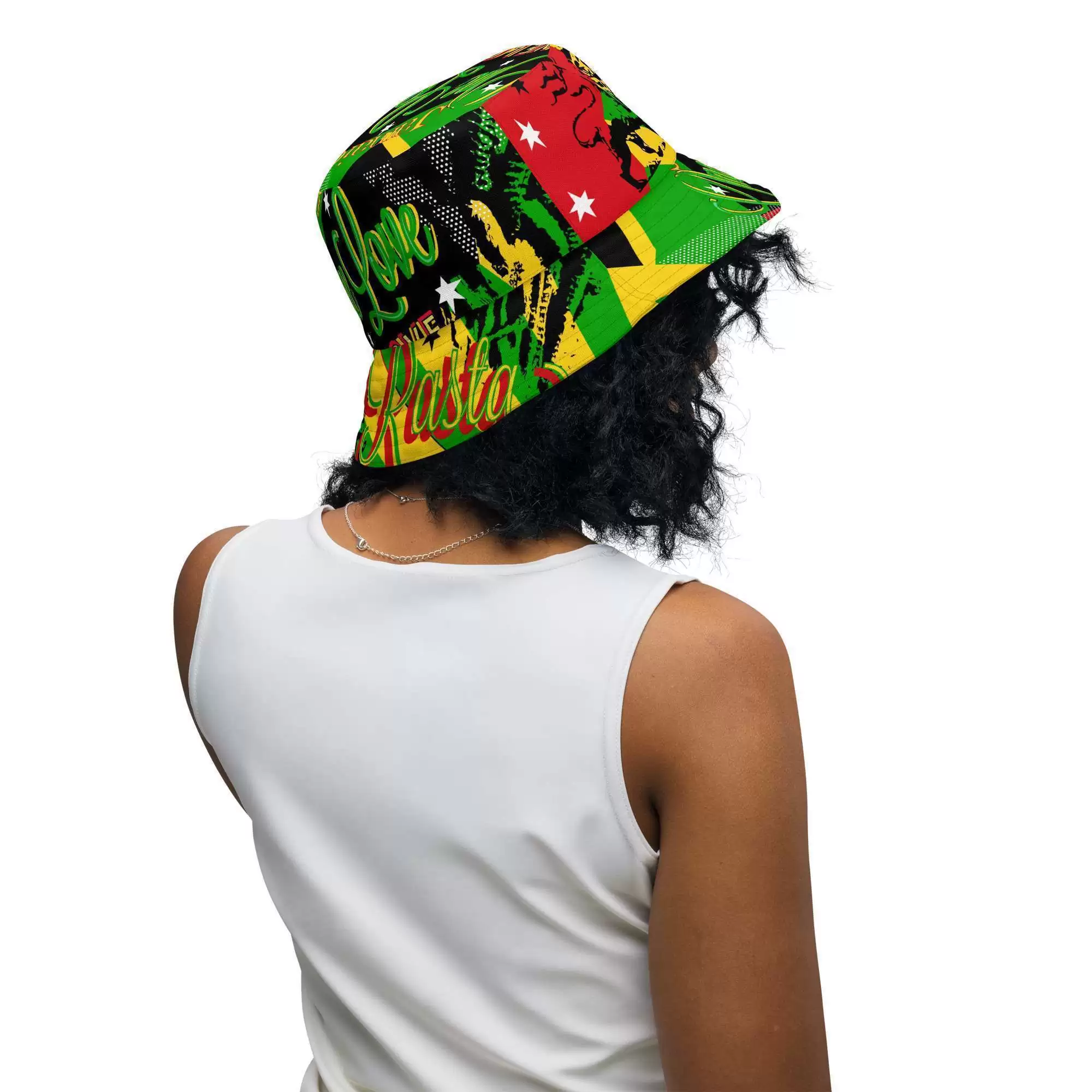 Rasta Reggae Reversible bucket hat model back outside view with funky red gold and green design on the outside and black one love Lion of Judah design on the inside.