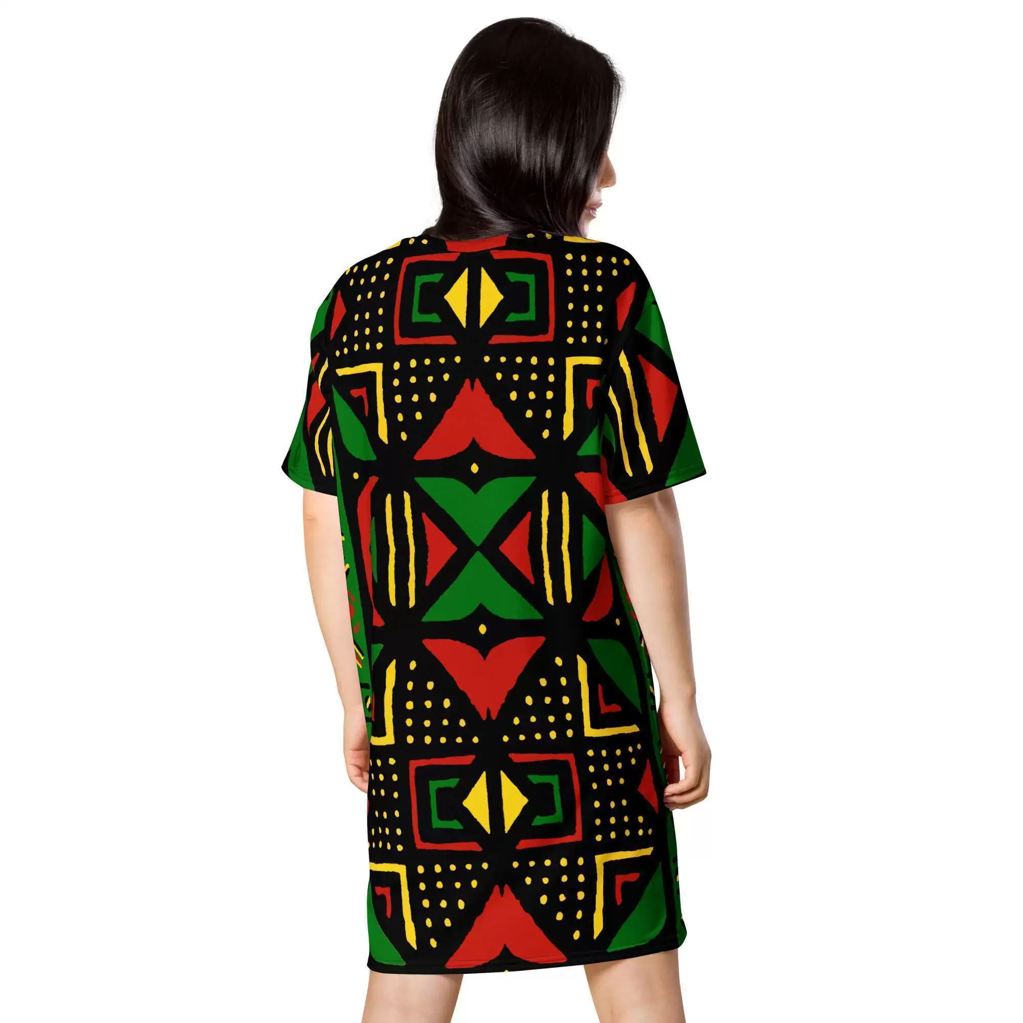 Rasta Africa T-shirt dress back model view inspired by the colors and mud cloth designs of Africa. Original Jamaican and Reggae dress and accessories.