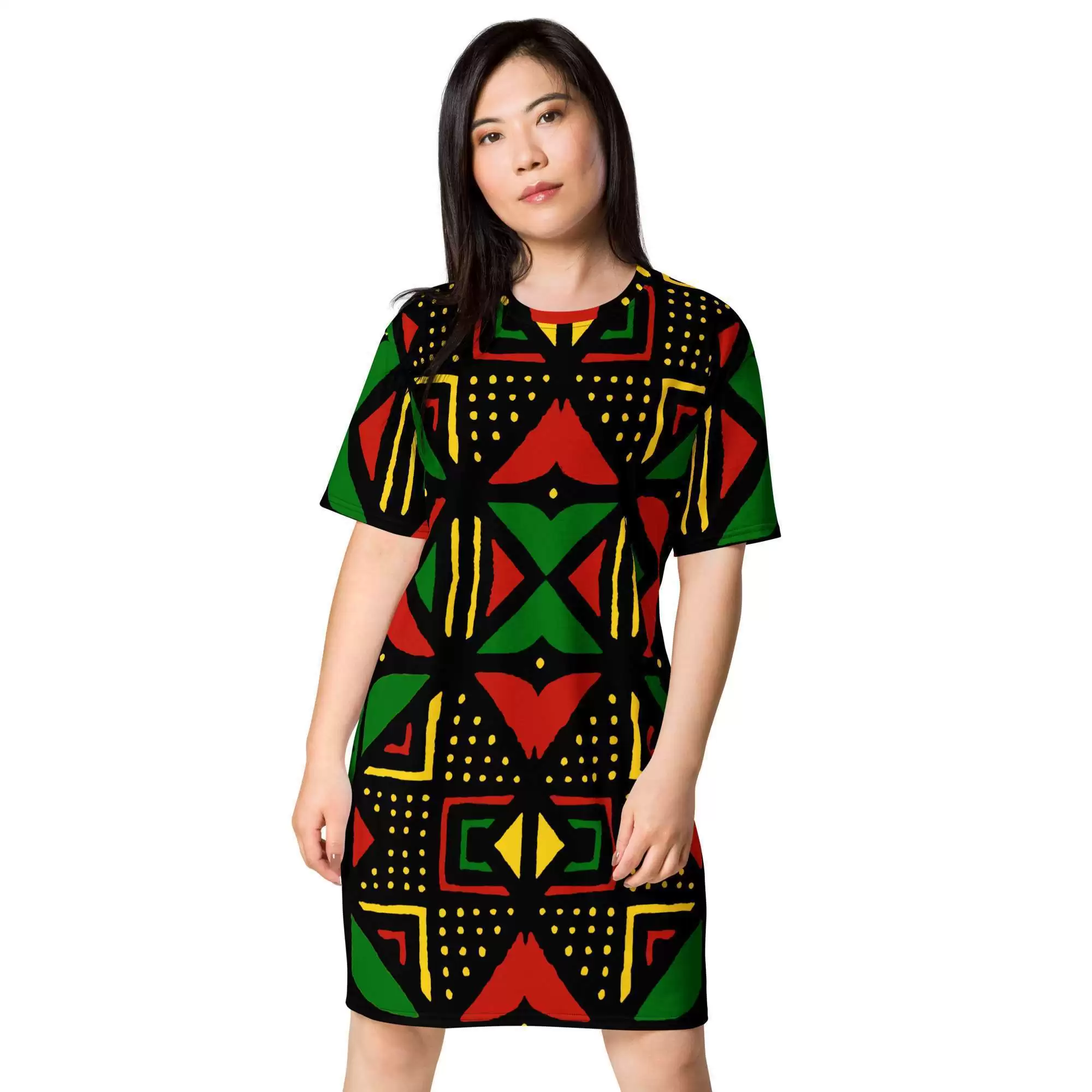 Rasta Africa T-shirt dress front model view inspired by the colors and mud cloth designs of Africa. Original Jamaican and Reggae dress and accessories.