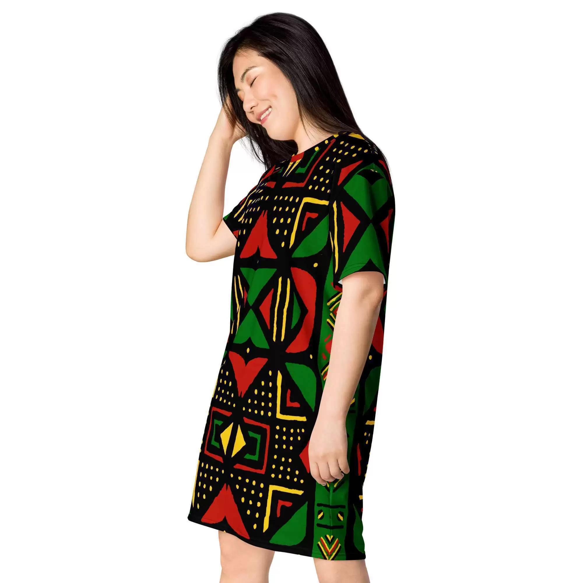 Rasta Africa T-shirt dress side left model view inspired by the colors and mud cloth designs of Africa. Original Jamaican and Reggae dress and accessories.