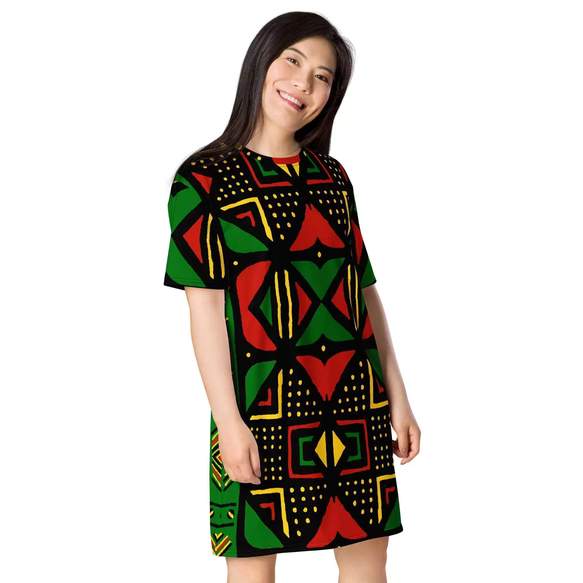 Rasta Africa T-shirt dress side left model view inspired by the colors and mud cloth designs of Africa. Original Jamaican and Reggae dress and accessories.