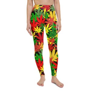 Rasta Hemp Yoga Leggings model front view are soft, stretchy and really comfortable. Hemp leaf graphic in the Rastafarian colors on black background.