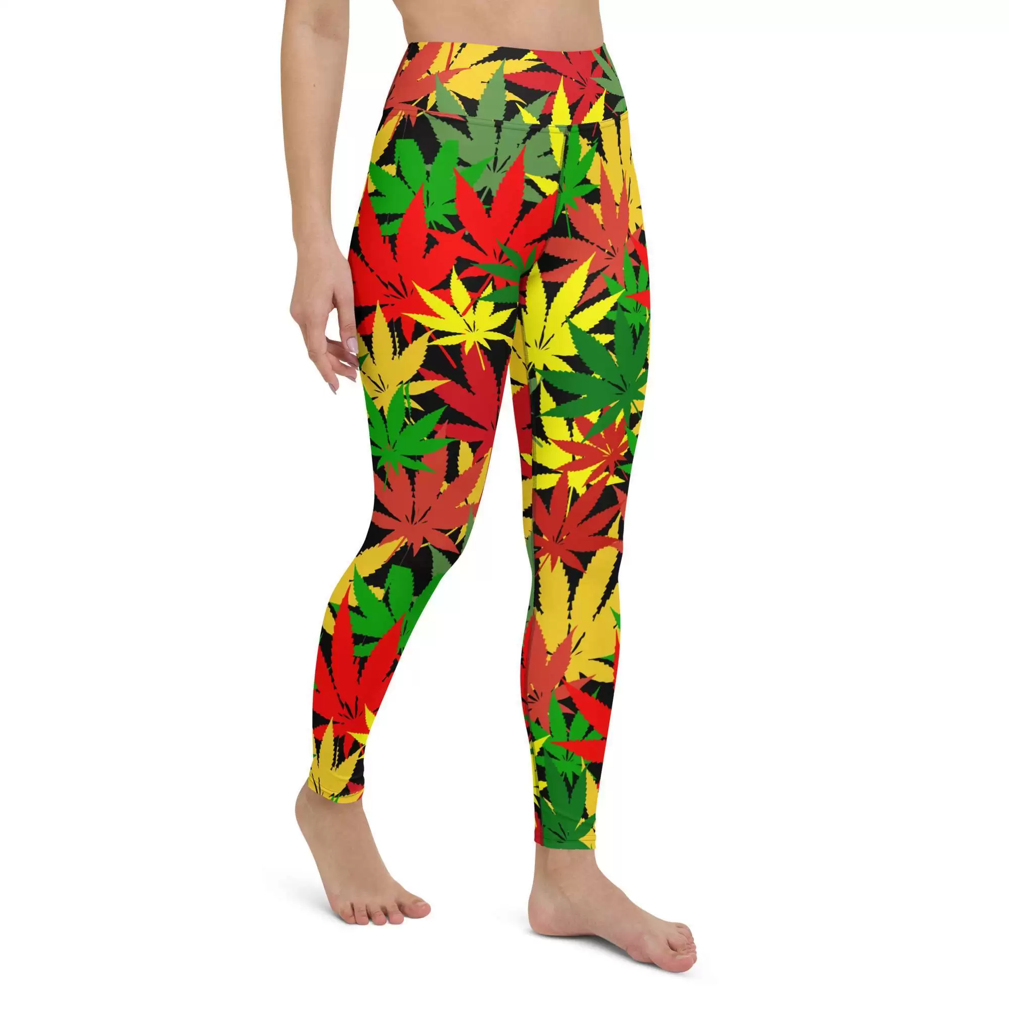 Rasta Hemp Yoga Leggings model side right view are soft, stretchy and really comfortable. Hemp leaf graphic in the Rastafarian colors on black background.