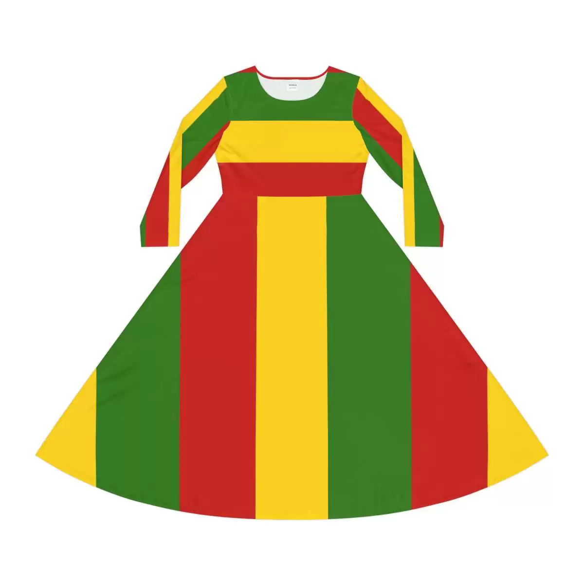 Rasta dance dress front view in silky breathable fabric. Rastafarian colors and cute design. Rastaseed Reggae and Jamaican merchandise and clothing.