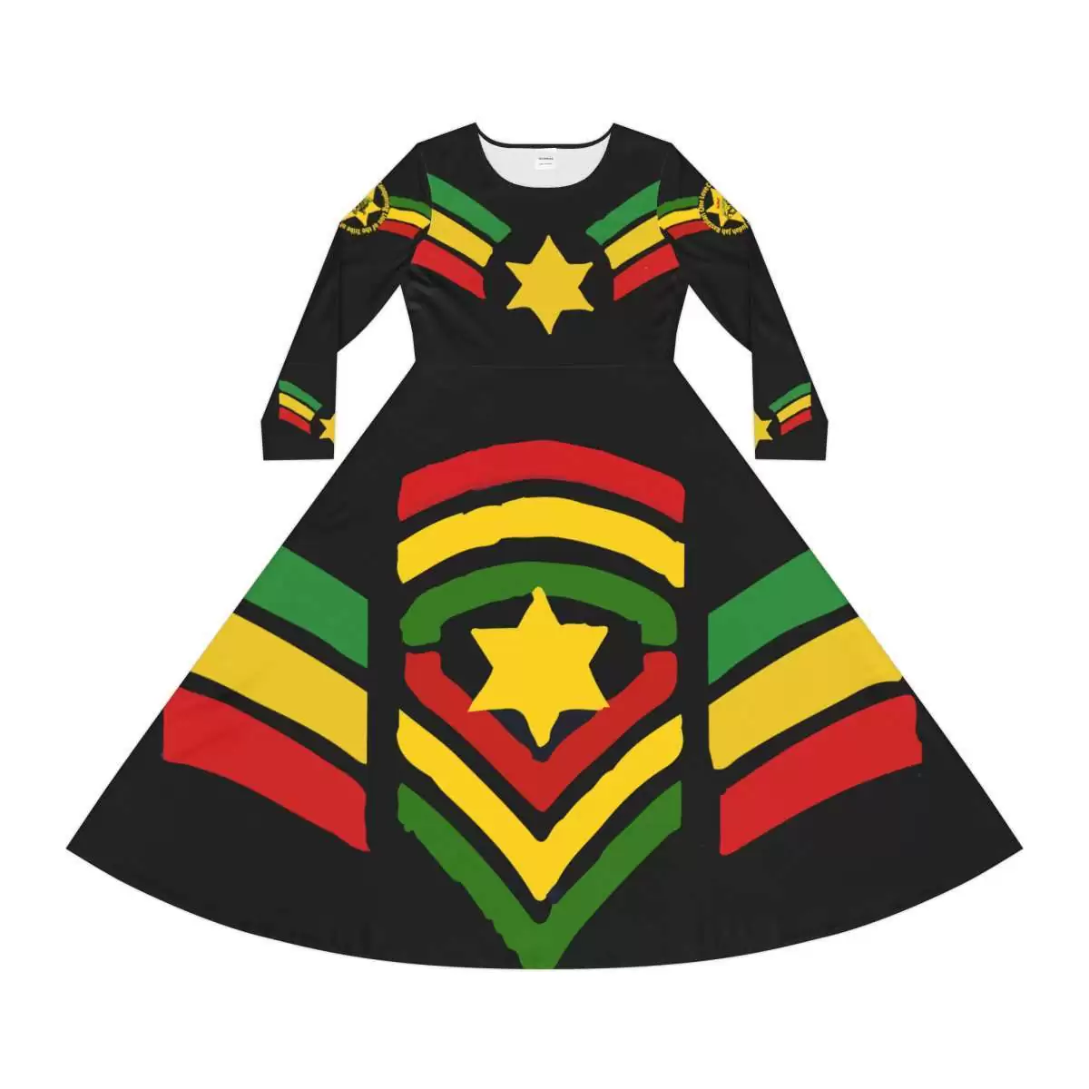 Jah Rastafari Reggae Dress front view with military stars and stripes in red green and gold. Long sleeved silky soft blend dance dress.