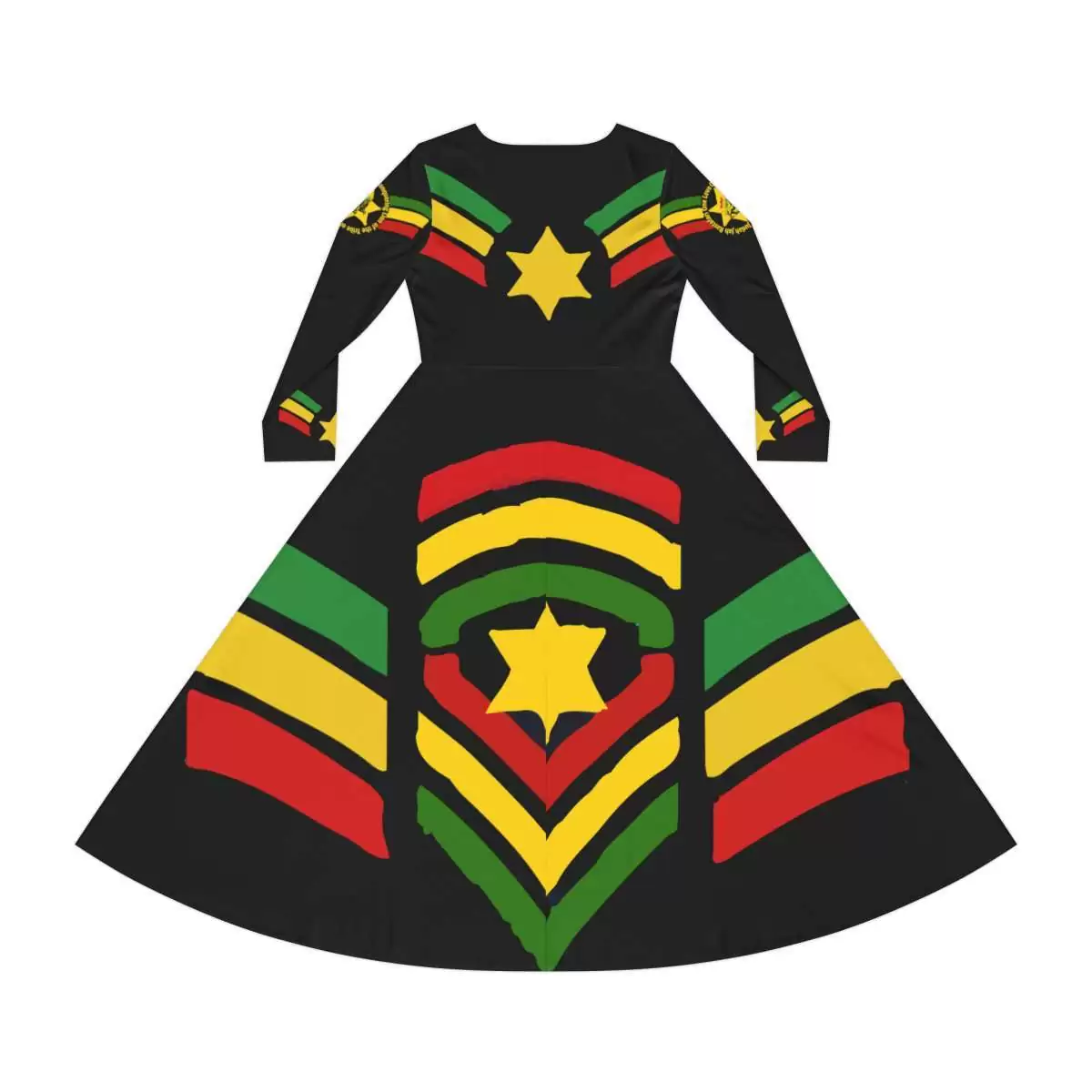 Jah Rastafari Reggae Dress back view with military stars and stripes in red green and gold. Long sleeved silky soft blend dance dress.