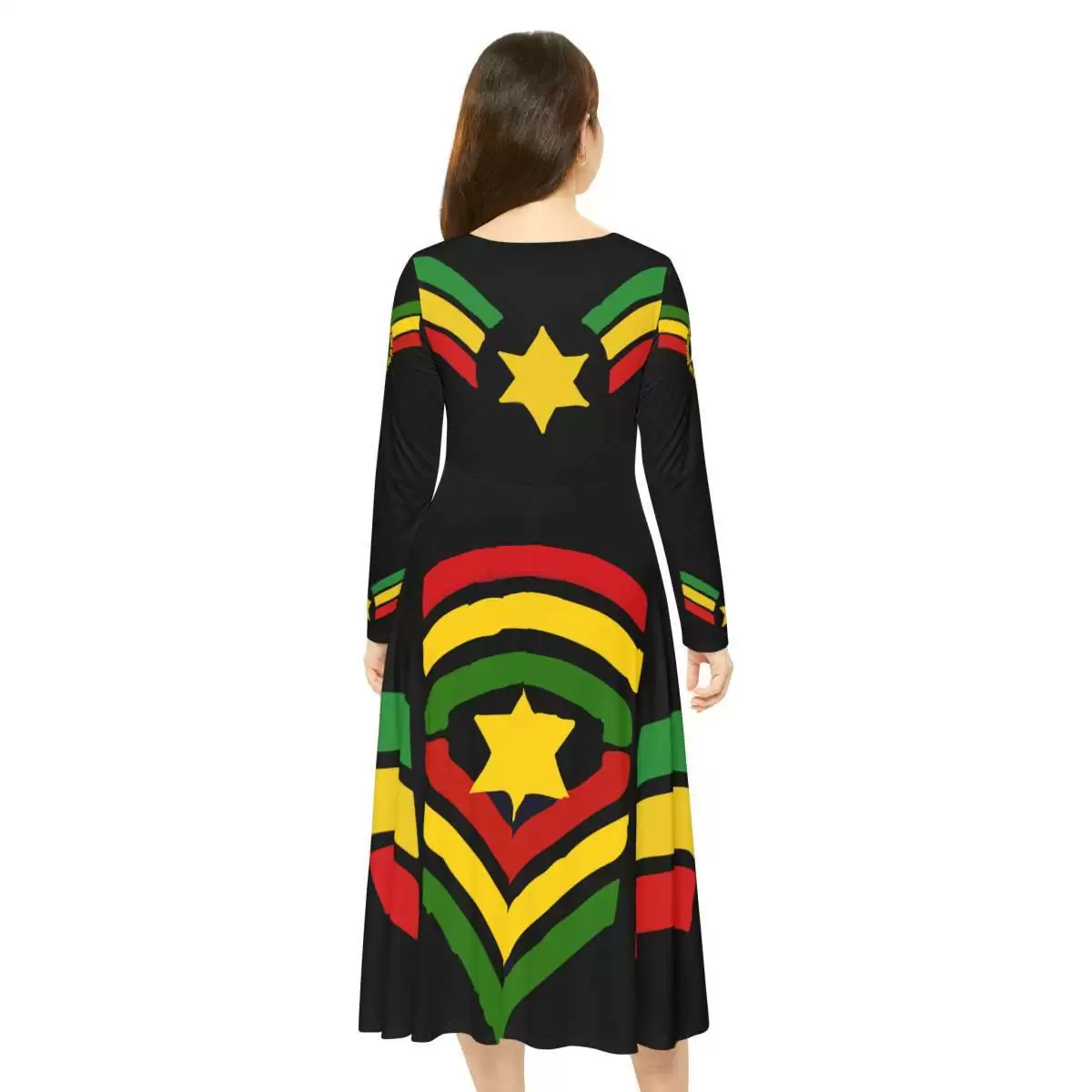 Jah Rastafari Reggae Dress model back view with military stars and stripes in red green and gold. Long sleeved silky soft blend dance dress.
