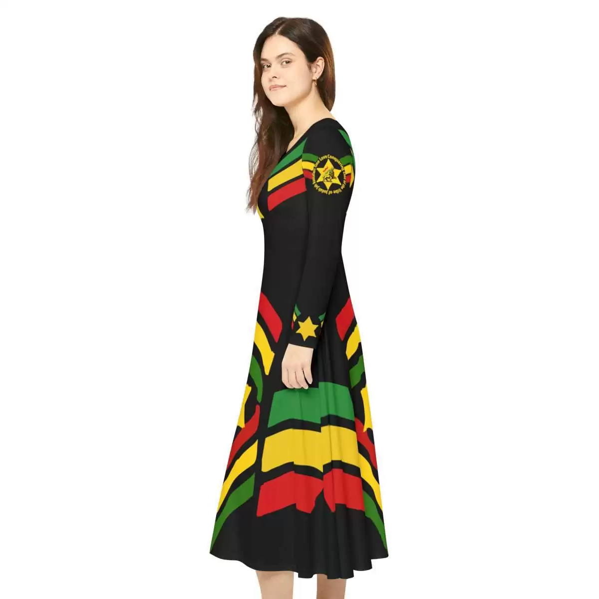 Jah Rastafari Reggae Dress model left side view with military stars and stripes in red green and gold. Long sleeved silky soft blend dance dress.