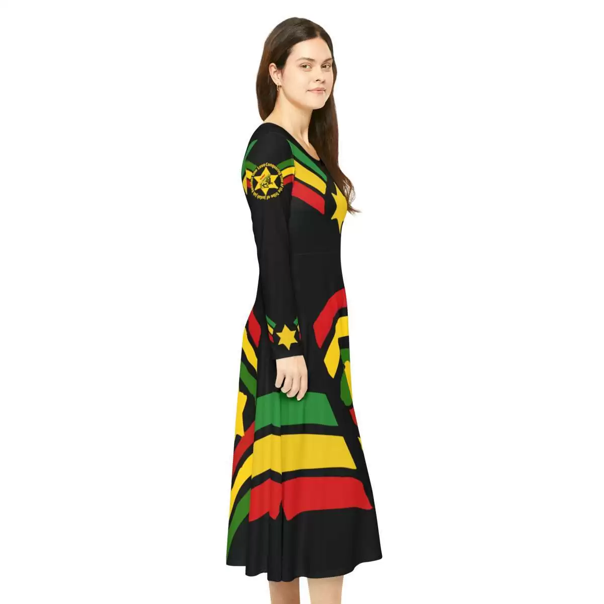 Jah Rastafari Reggae Dress model right side view with military stars and stripes in red green and gold. Long sleeved silky soft blend dance dress.