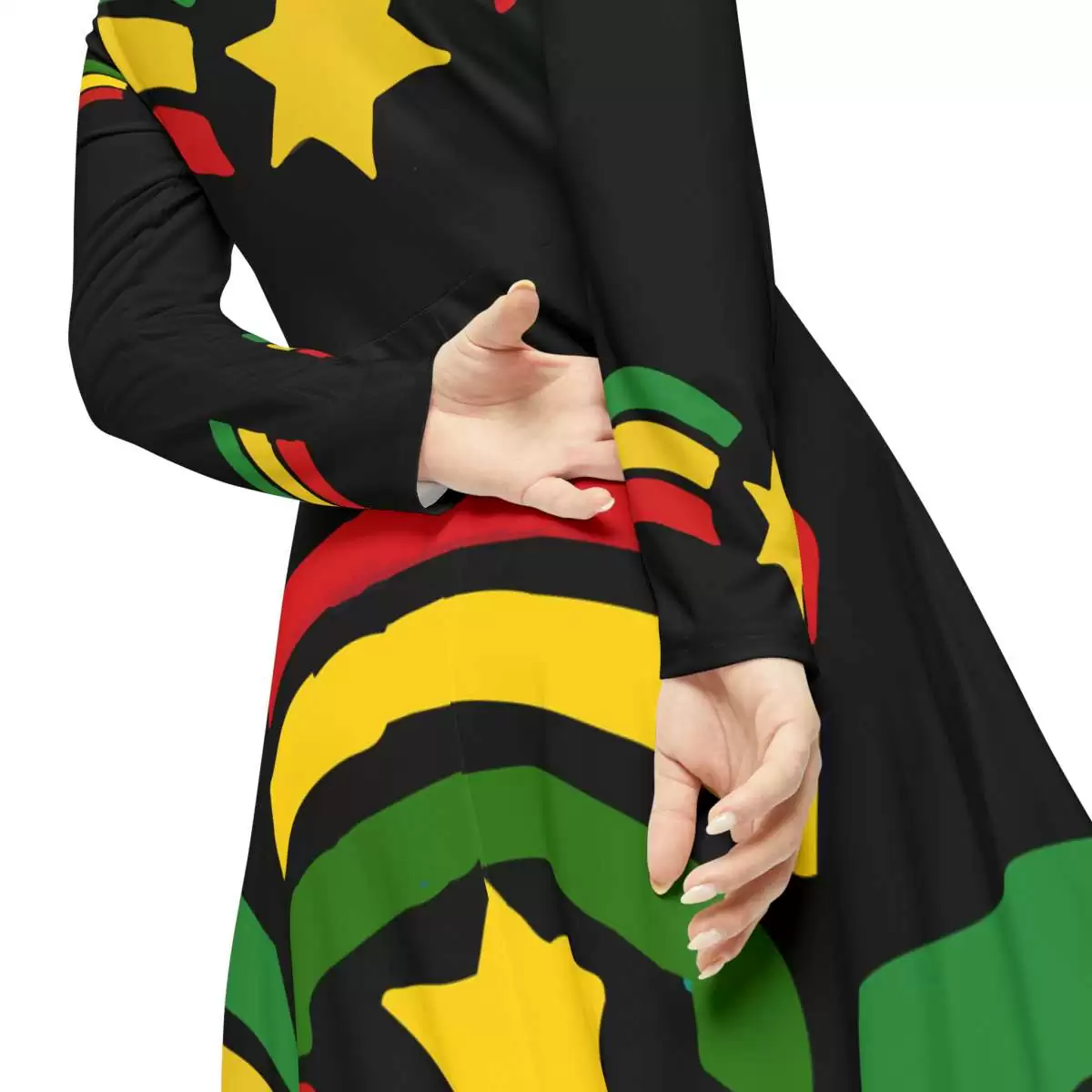 Jah Rastafari Reggae Dress close up view view with military stars and stripes in red green and gold. Long sleeved silky soft blend dance dress.