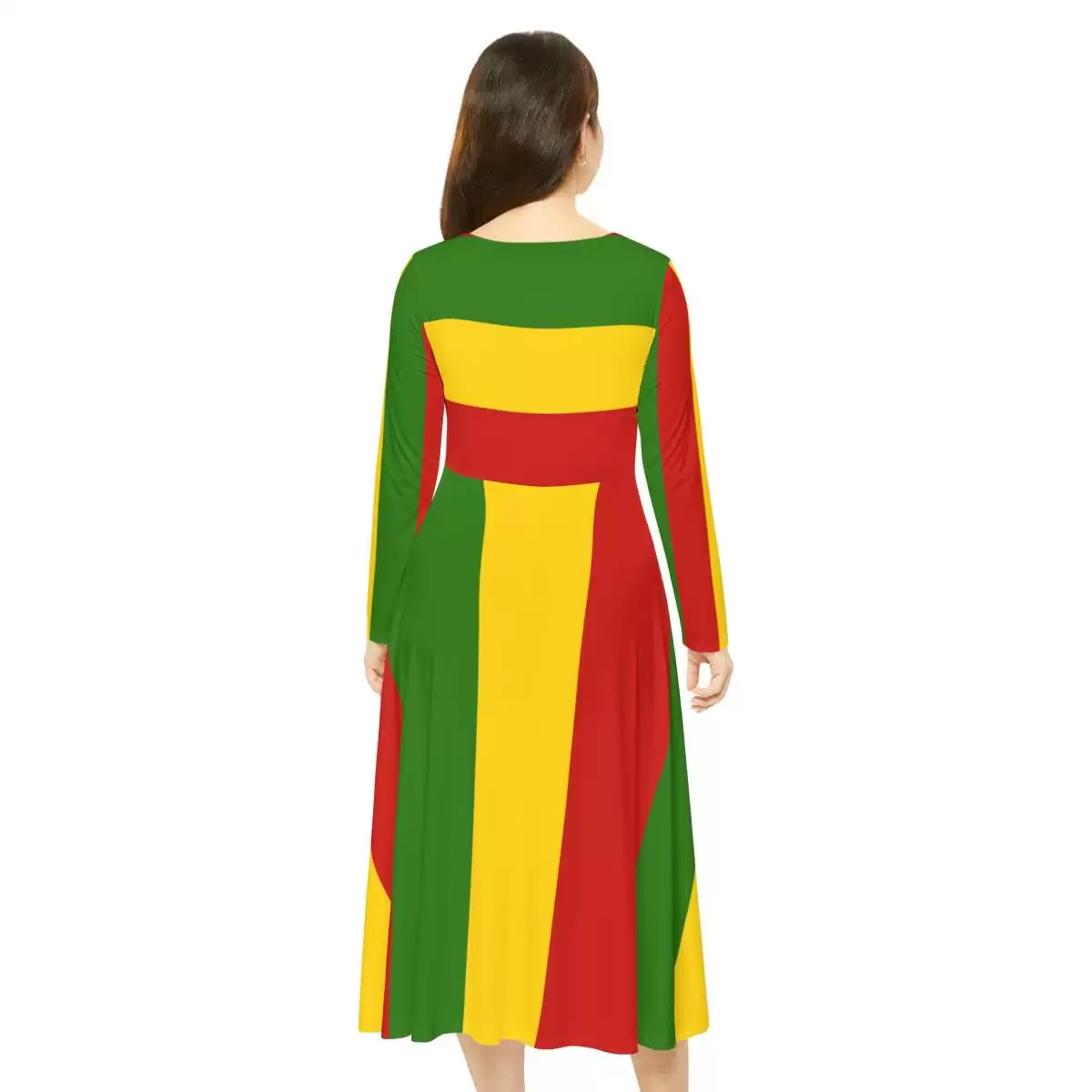 Rasta dance dress back model view in silky breathable fabric. Rastafarian colors and cute design. Rastaseed Reggae and Jamaican merchandise and clothing.