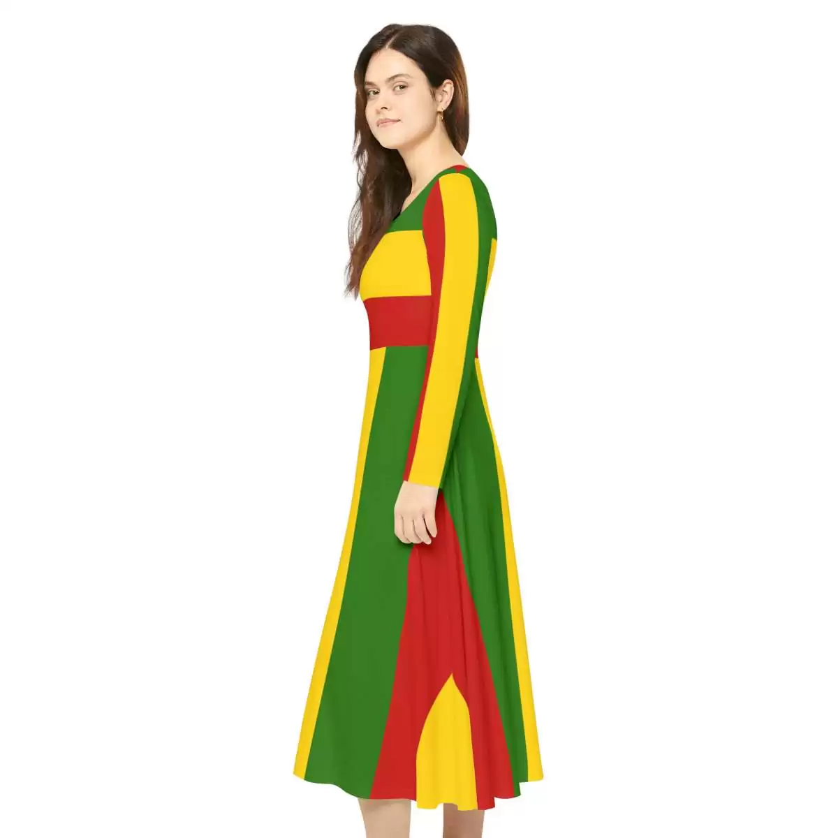Rasta dance dress left side model view in silky breathable fabric. Rastafarian colors and cute design. Rastaseed Reggae and Jamaican merchandise and clothing.