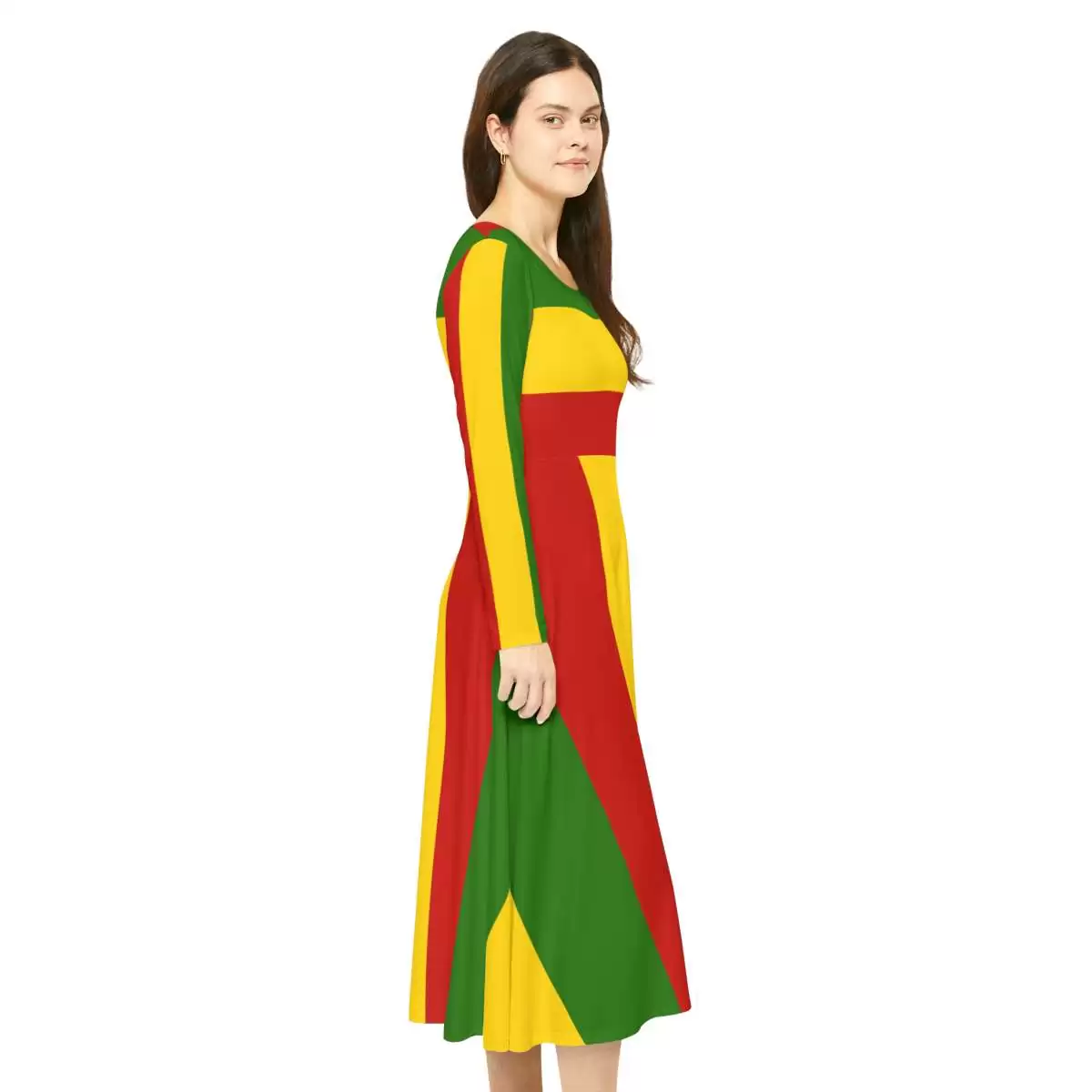 Rasta dance dress right side model view in silky breathable fabric. Rastafarian colors and cute design. Rastaseed Reggae and Jamaican merchandise and clothing.