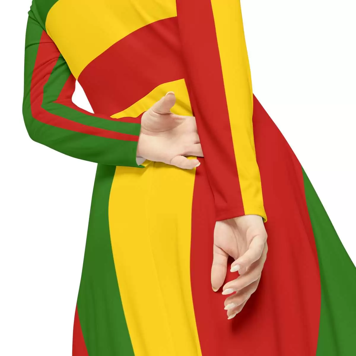 Rasta dance dress close up model view in silky breathable fabric. Rastafarian colors and cute design. Rastaseed Reggae and Jamaican merchandise and clothing.