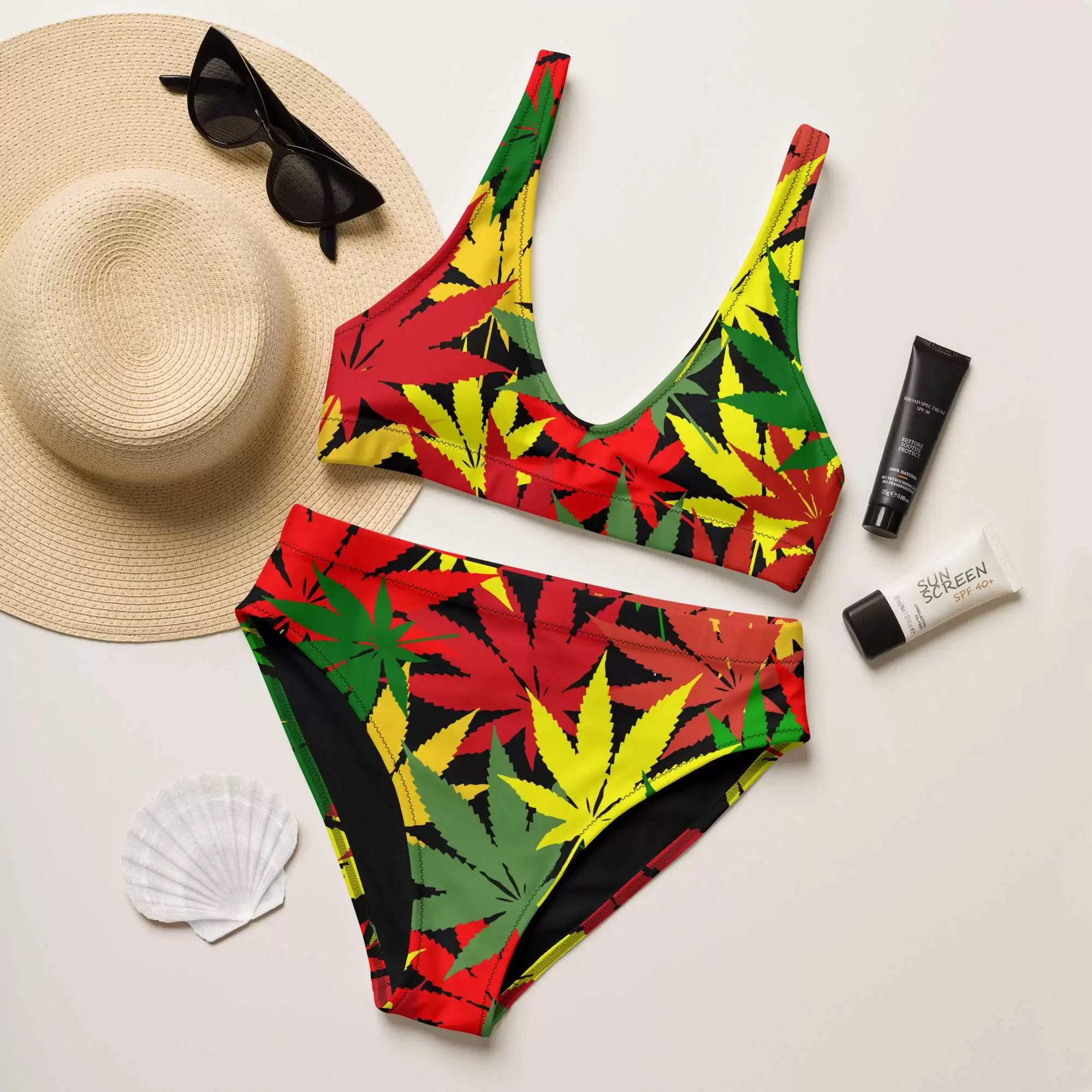 Rasta Hemp bikini flat styled view in colorful hemp leaf design. Removable pads, double layer, comfortable and well covered. Stylish and fun.