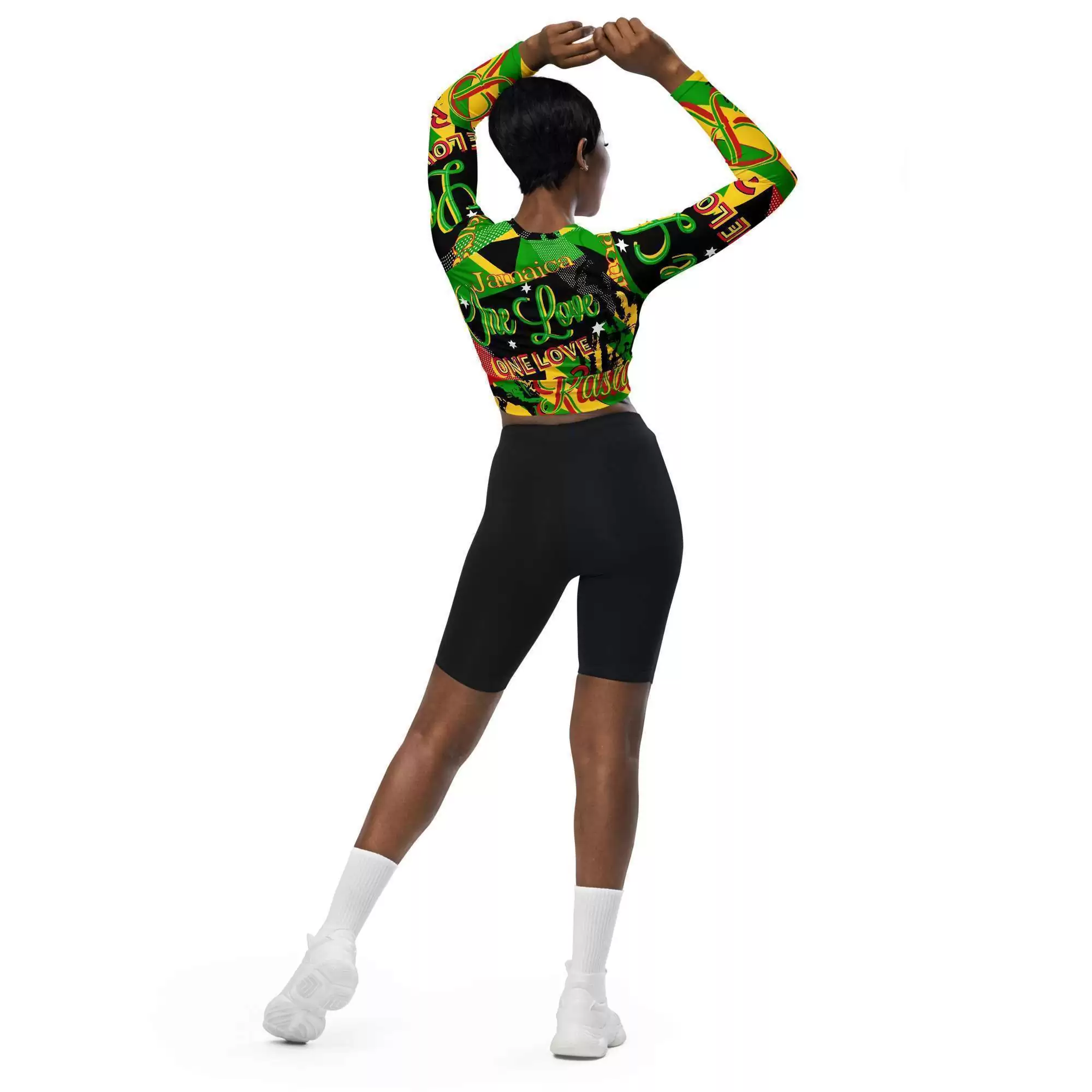 Reggae Party long-sleeve crop top alternate model back view arms up. Comfortable and cute this is great for a workout or a Summer party. Rasta colors and symbology.