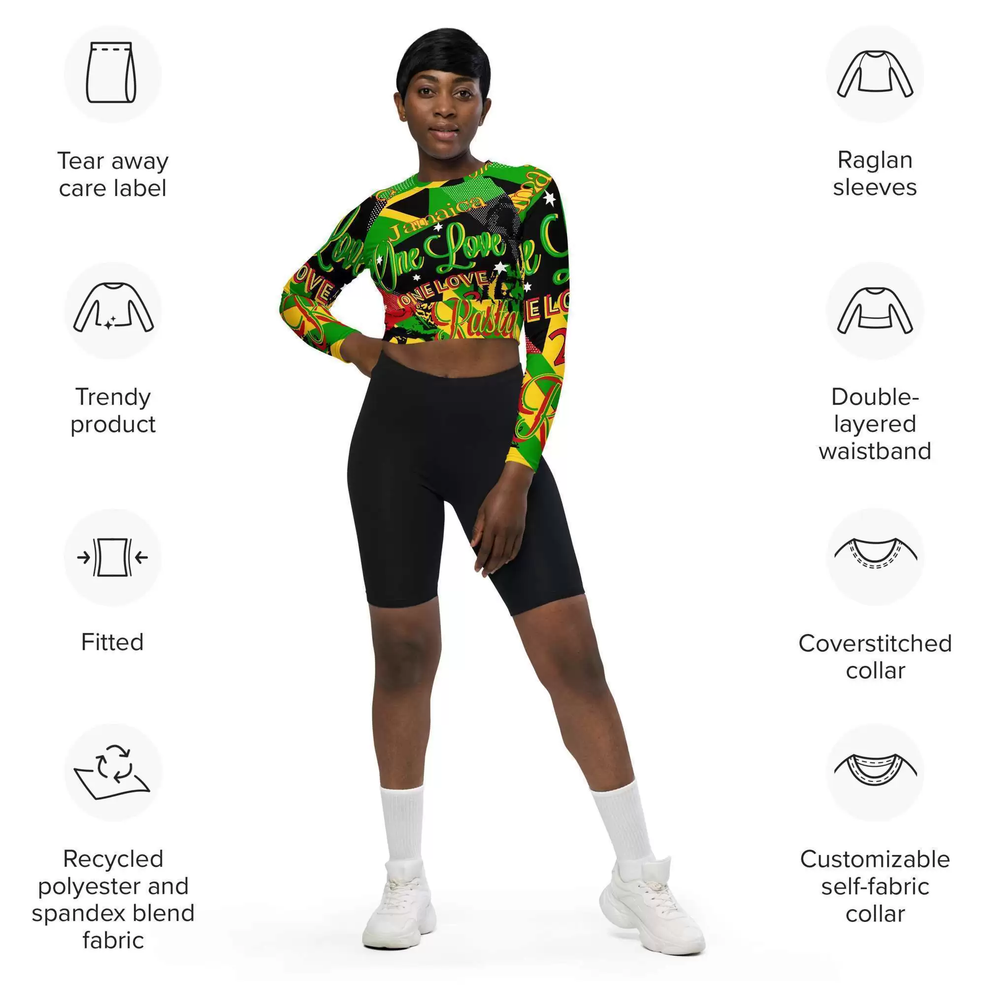 Reggae Party long-sleeve crop top model information view. Comfortable and cute this is great for a workout or a Summer party. Rasta colors and symbology.