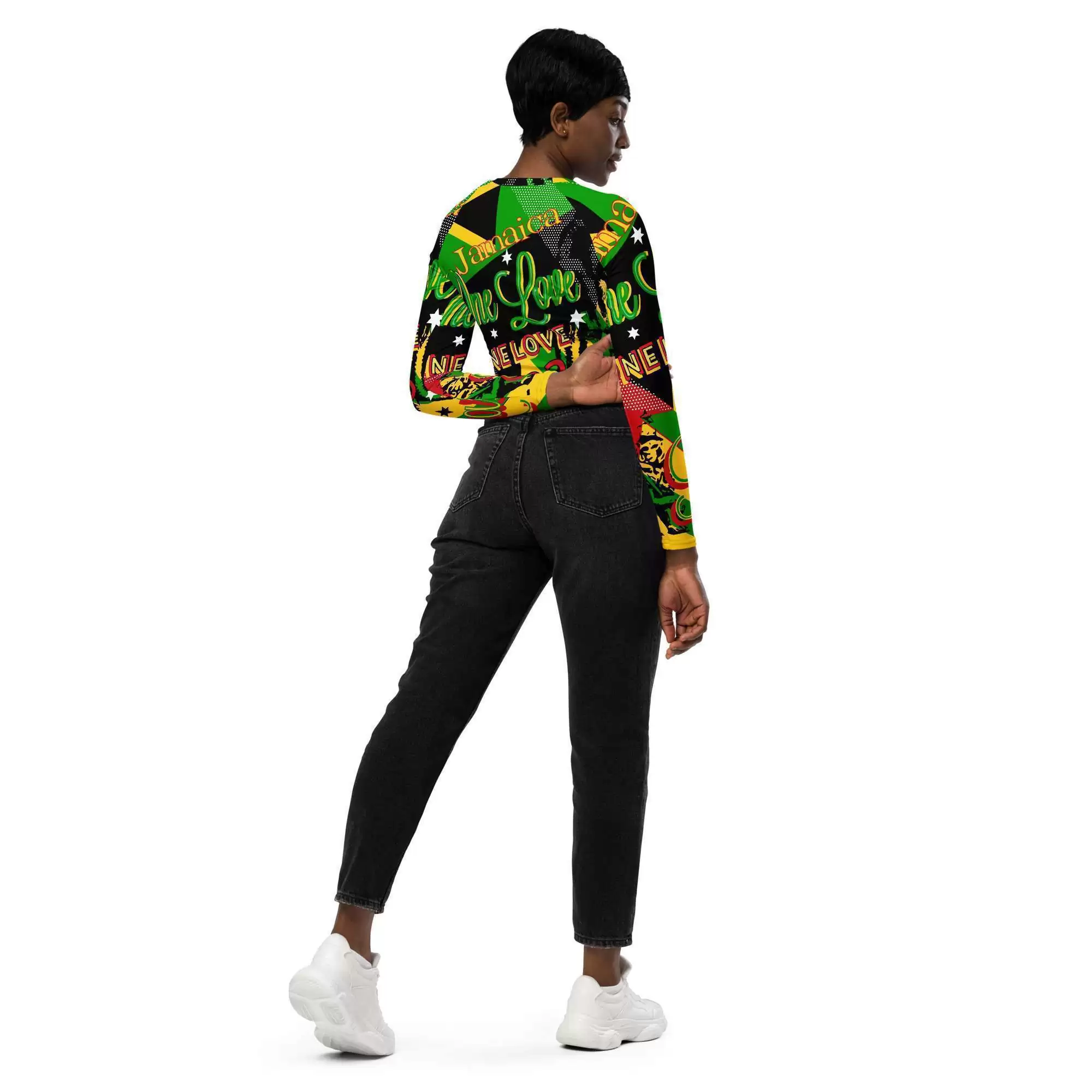 Reggae Party long-sleeve crop top alternate full model back view arms down. Comfortable and cute this is great for a workout or a Summer party. Rasta colors and symbology.
