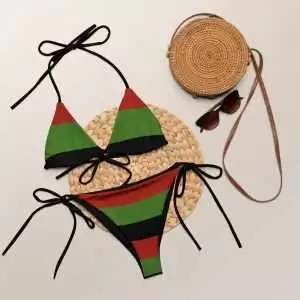 Afro American string bikini styled flat view soft and comfortable in sizes up to 6XL. Pan African Marcus Garvey colors with black lining. Original design Rastaseed.com