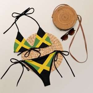 Jamaican string bikini styled flat front view with black lining and strings. Soft stretchy comfortable and available in sizes up to 6XL. Rastaseed.com original design.