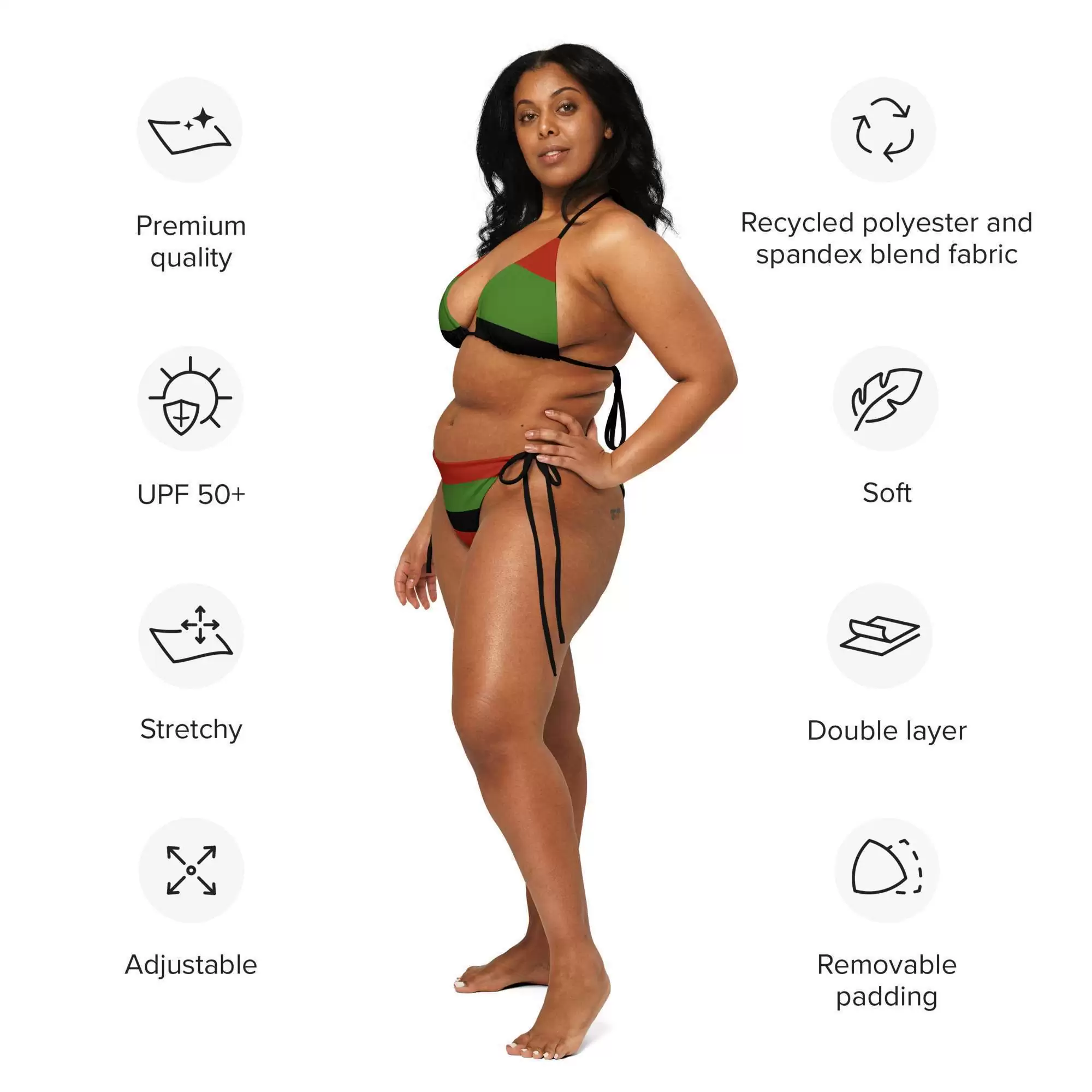 Afro American string bikini model side information view soft and comfortable in sizes up to 6XL. Pan African Marcus Garvey colors with black lining. Original design Rastaseed.com
