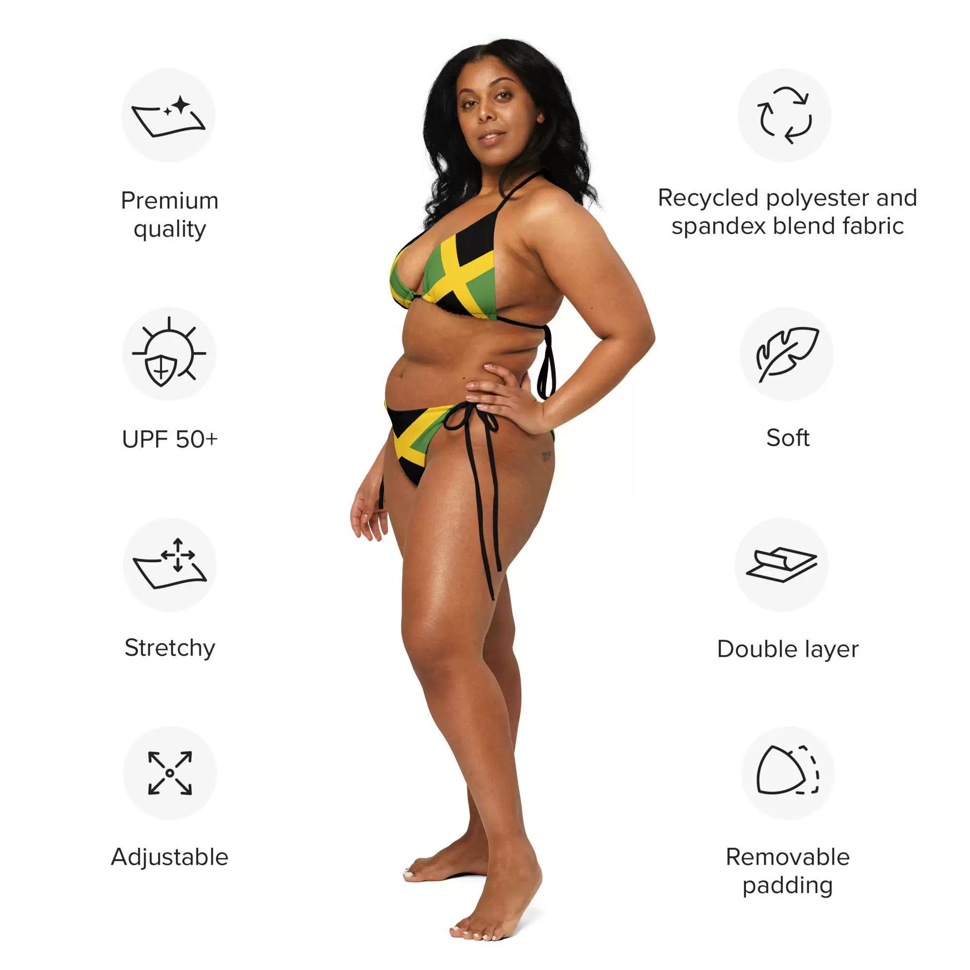 Jamaican string bikini model information view with black lining and strings. Soft stretchy comfortable and available in sizes up to 6XL. Rastaseed.com original design.