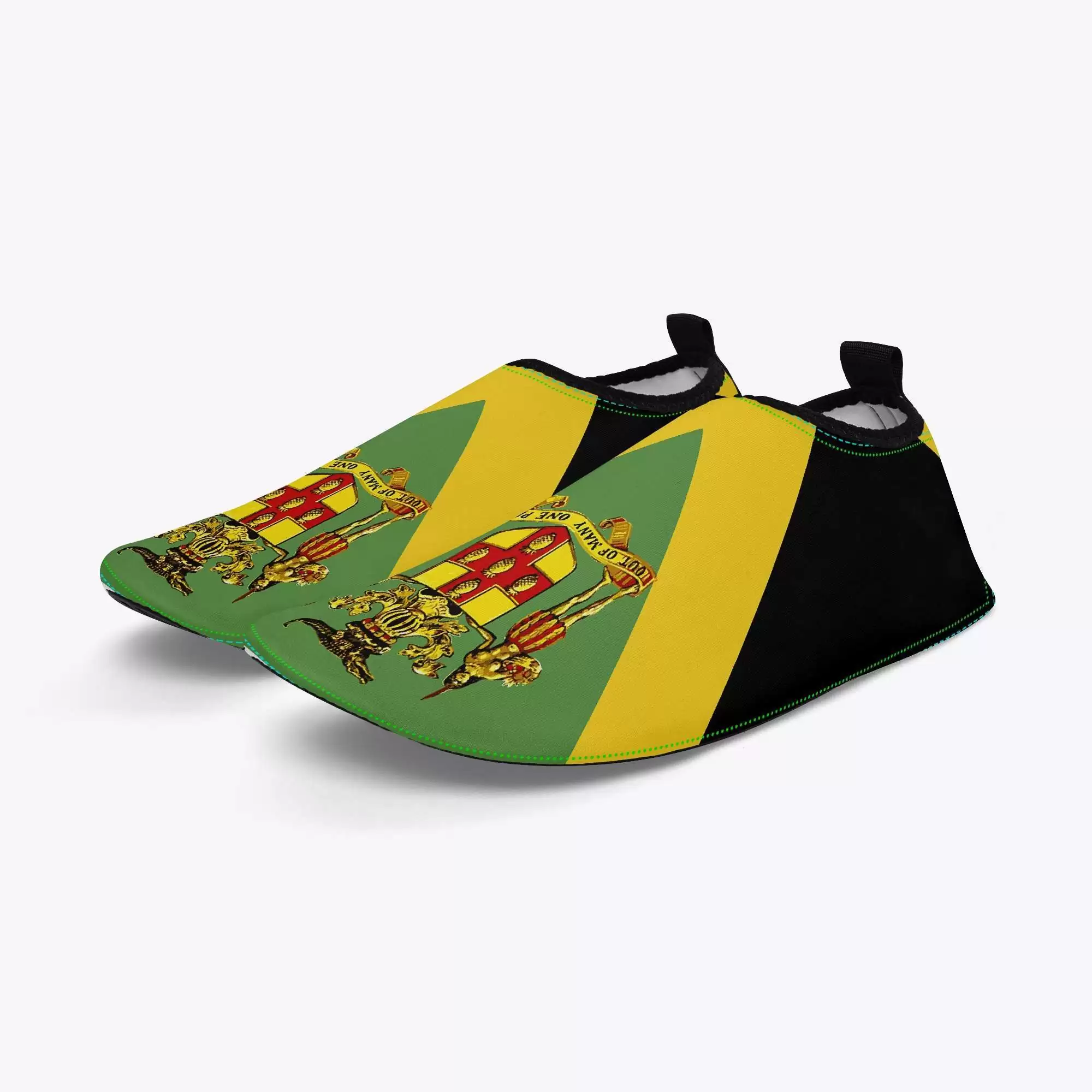 Jamaican Out of Many Water shoes side left top view in the Jamaican colors with coat of arms. Out of Many One People at Rastaseed shoes clothing and merchandise.
